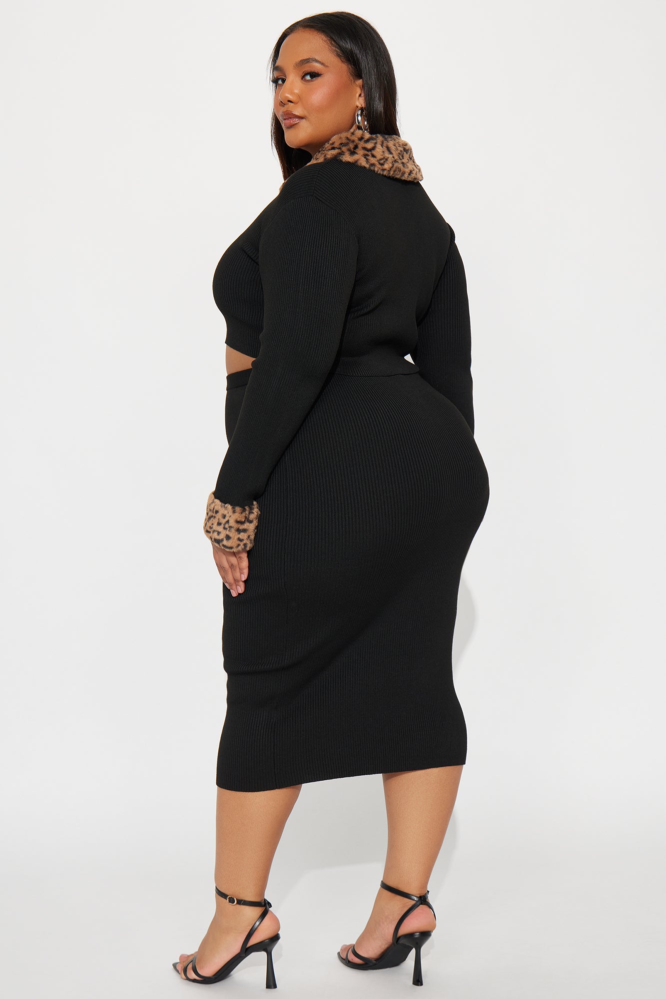 Haven Faux Fur Trim Ribbed Skirt Set - Black