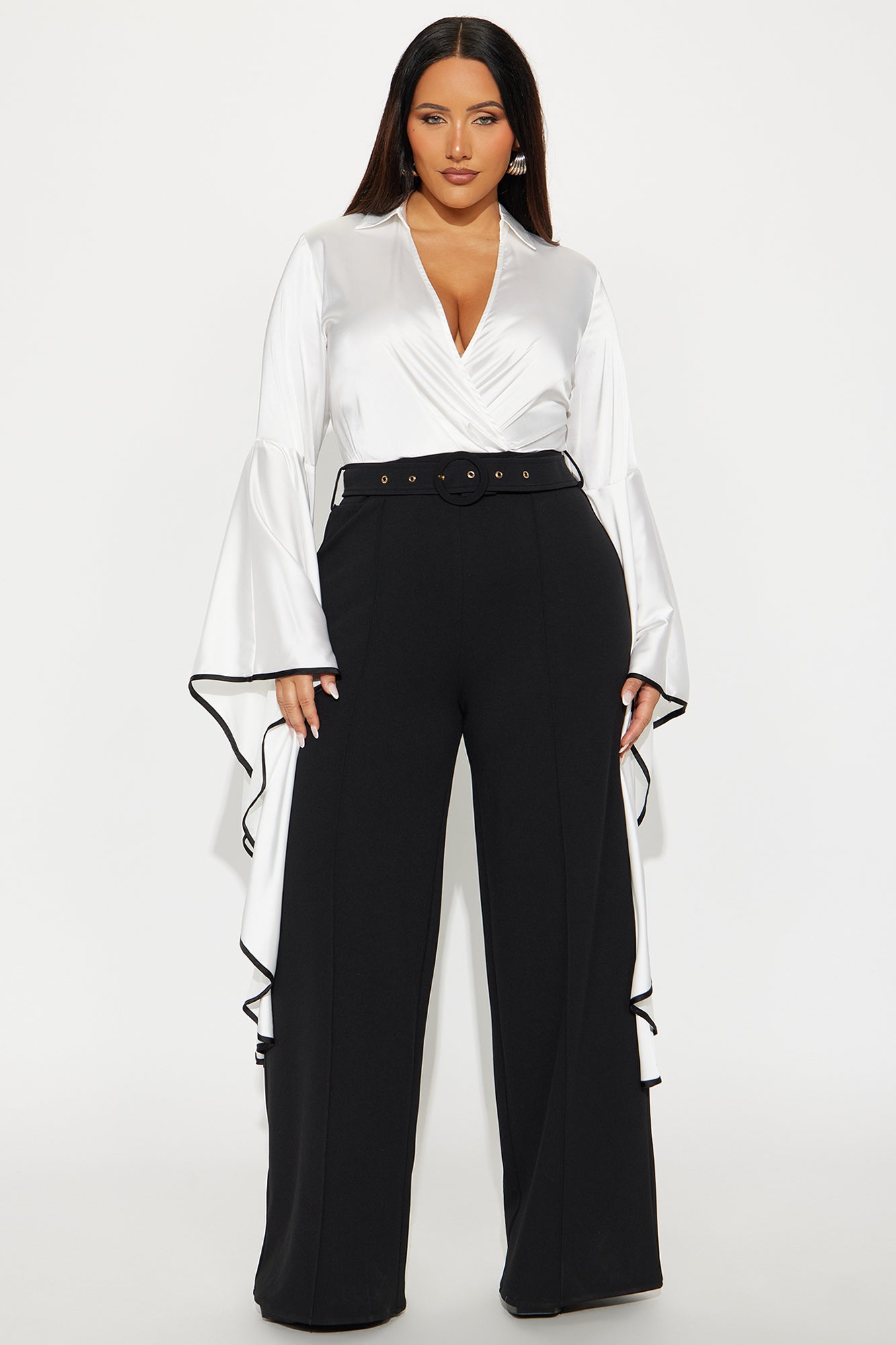 High Value Long Sleeve Wide Leg Jumpsuit - White/Black