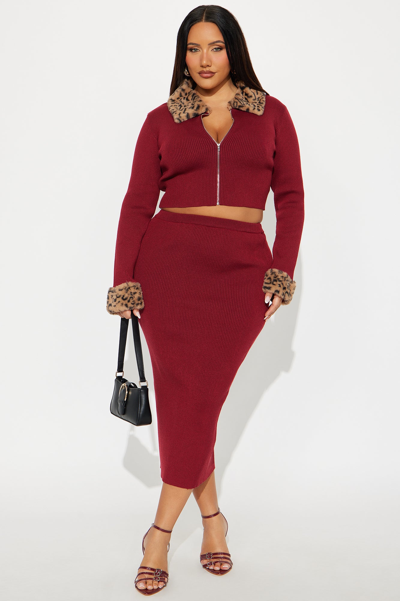 Haven Faux Fur Trim Ribbed Skirt Set - Wine