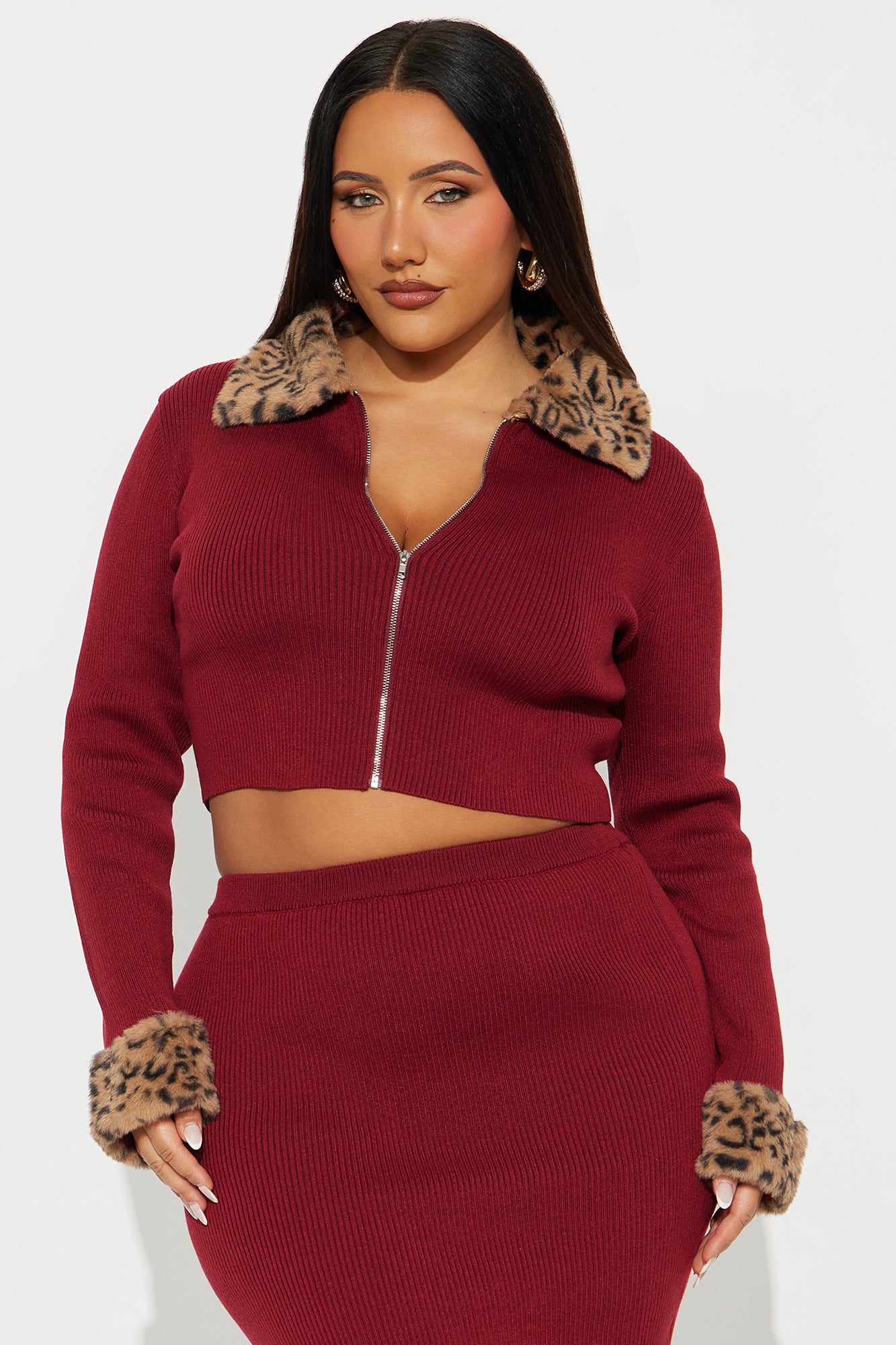 Haven Faux Fur Trim Ribbed Skirt Set - Wine