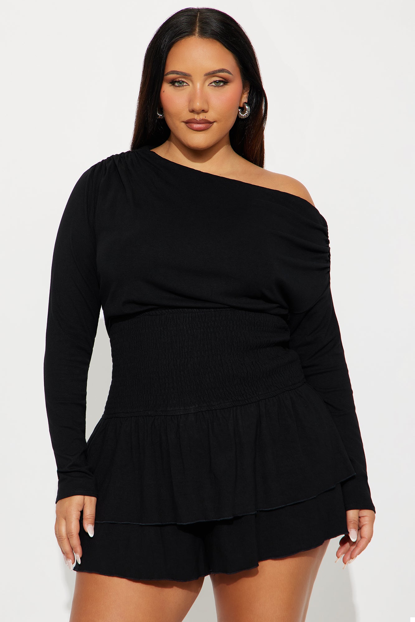 One More Look Off Shoulder Ruffle Romper - Black