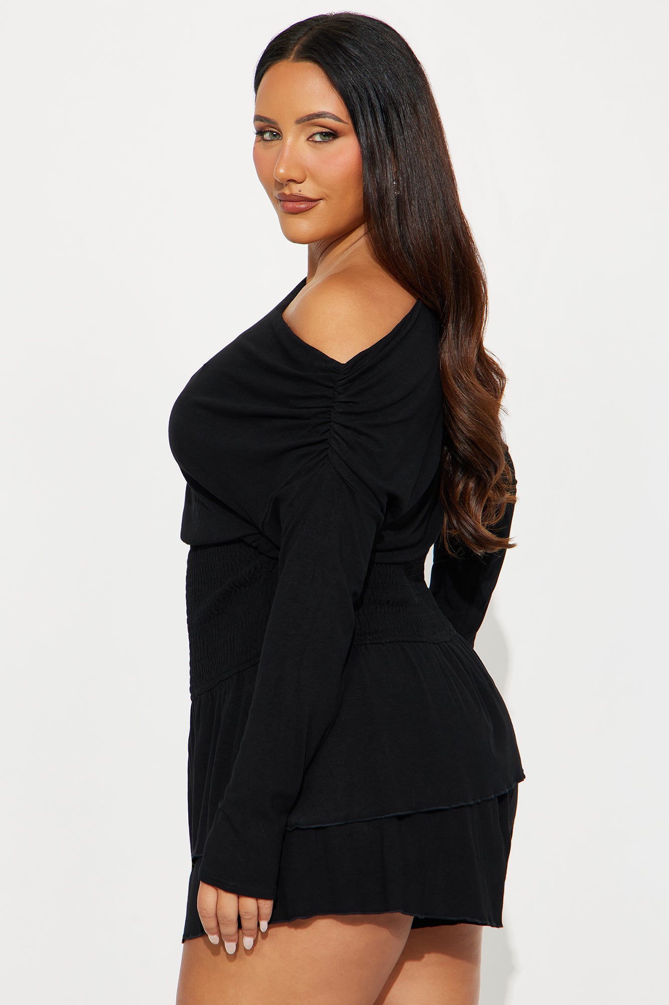 One More Look Off Shoulder Ruffle Romper - Black