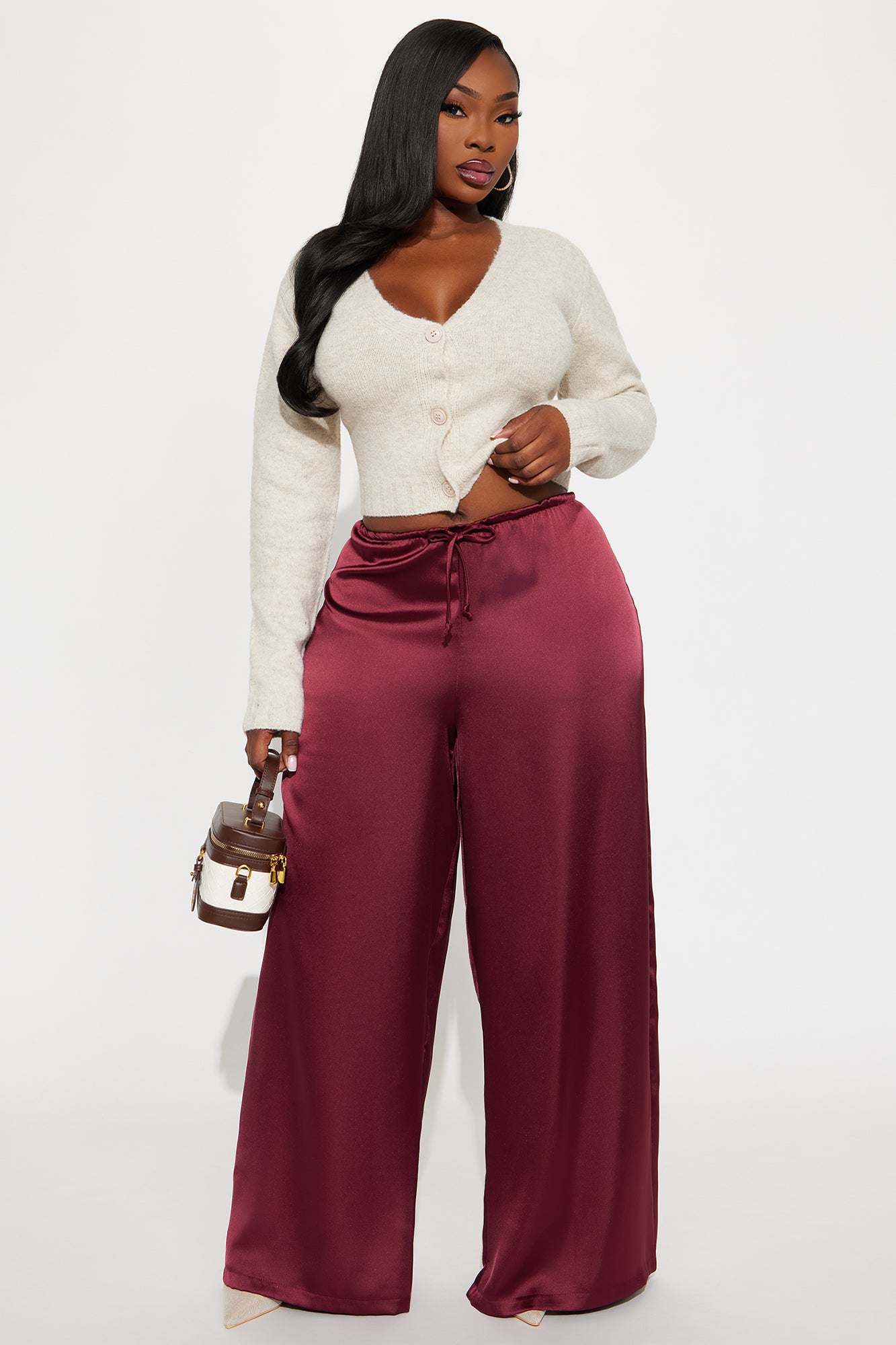 Augustine Satin Wide Leg Pant 32″ - Burgundy