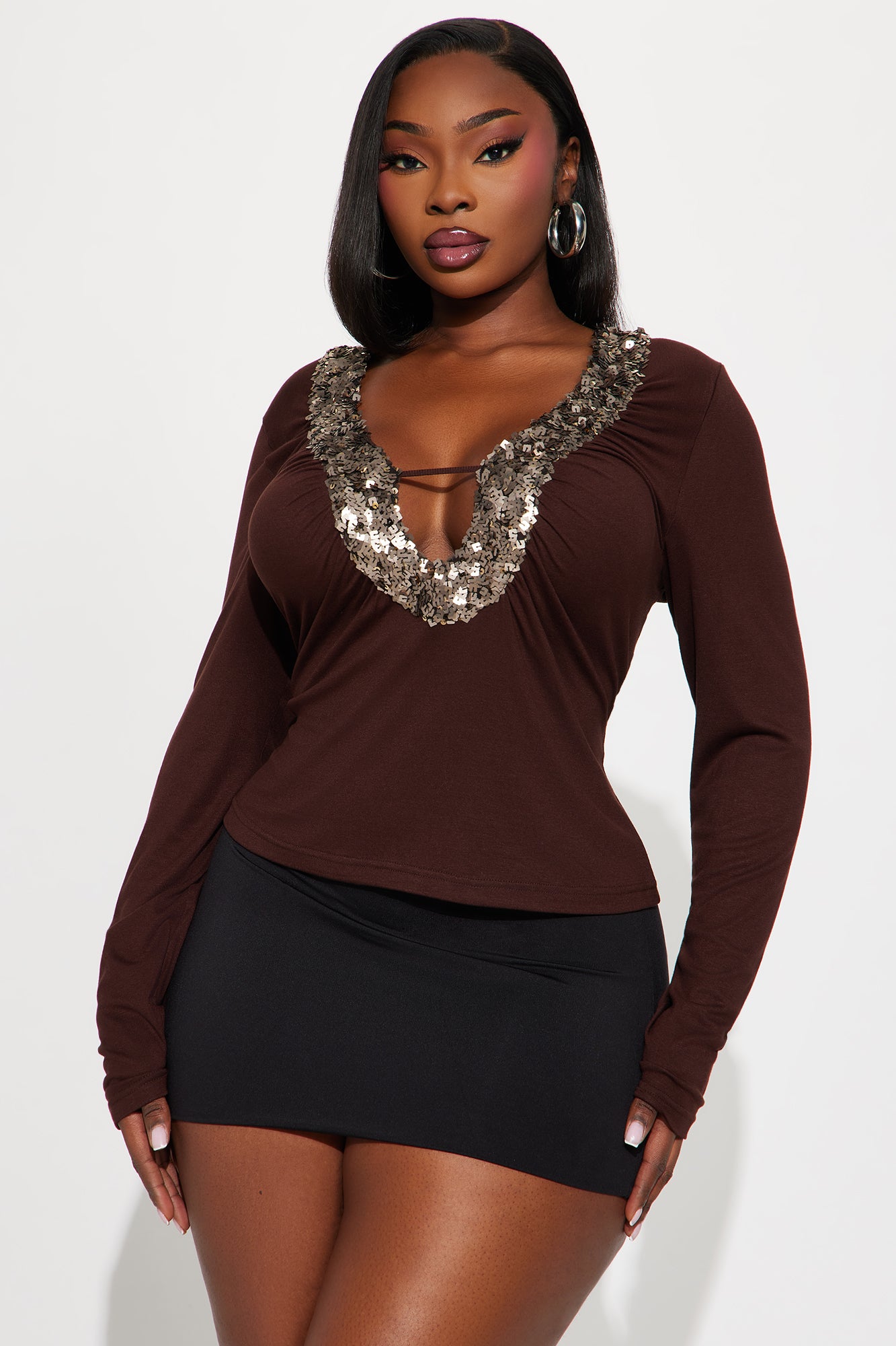 Rumi Long Sleeve Sequin Top - Chocolate