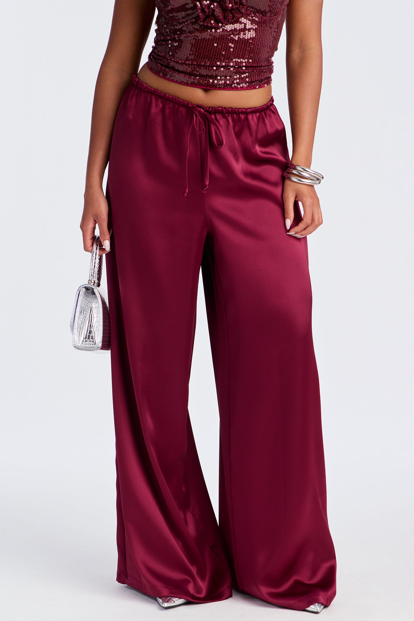Augustine Satin Wide Leg Pant 32″ - Burgundy