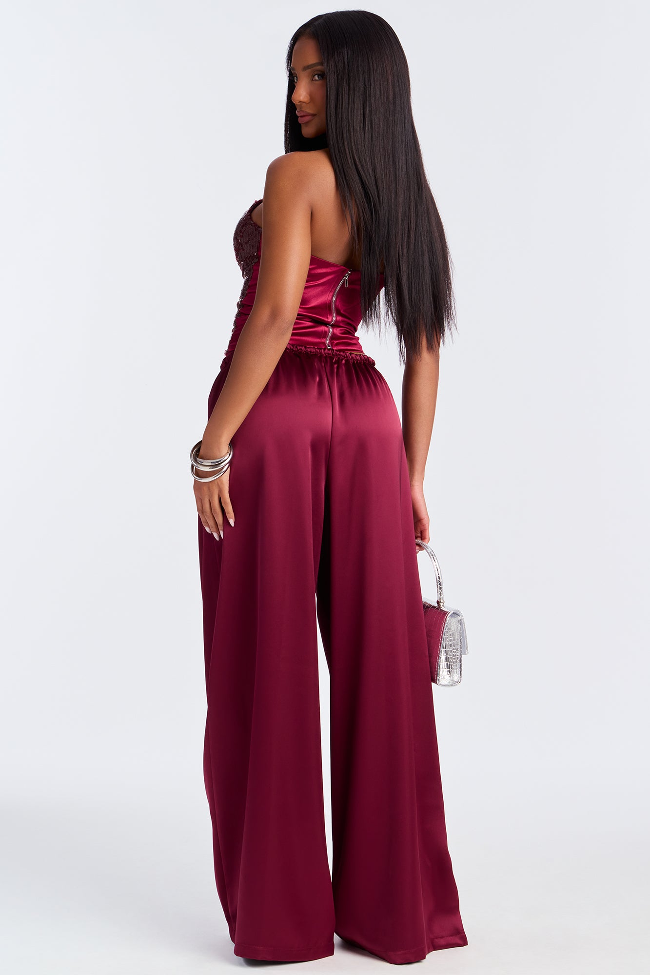 Augustine Satin Wide Leg Pant 32″ - Burgundy