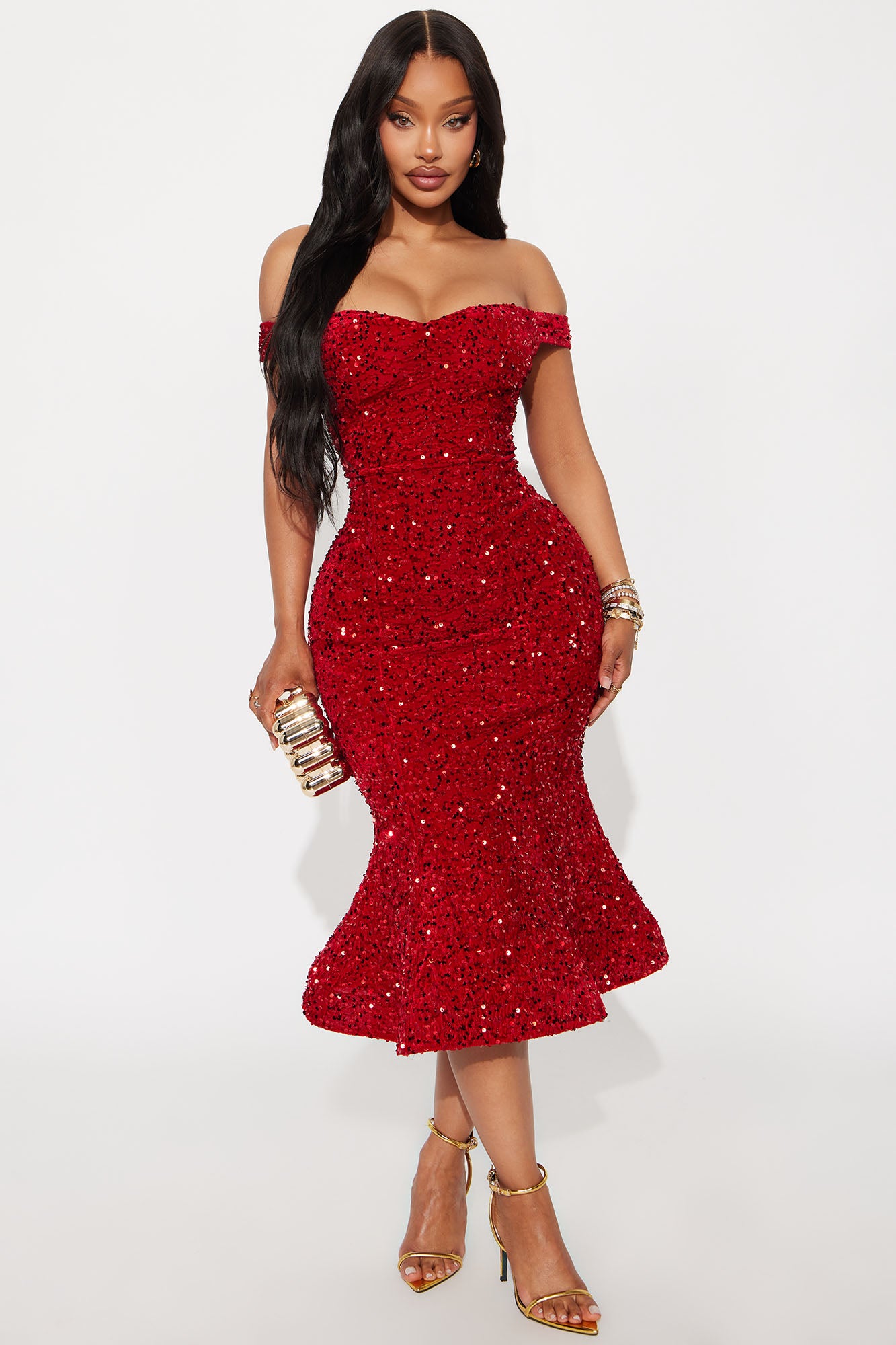 Alora Sequin Midi Dress - Red