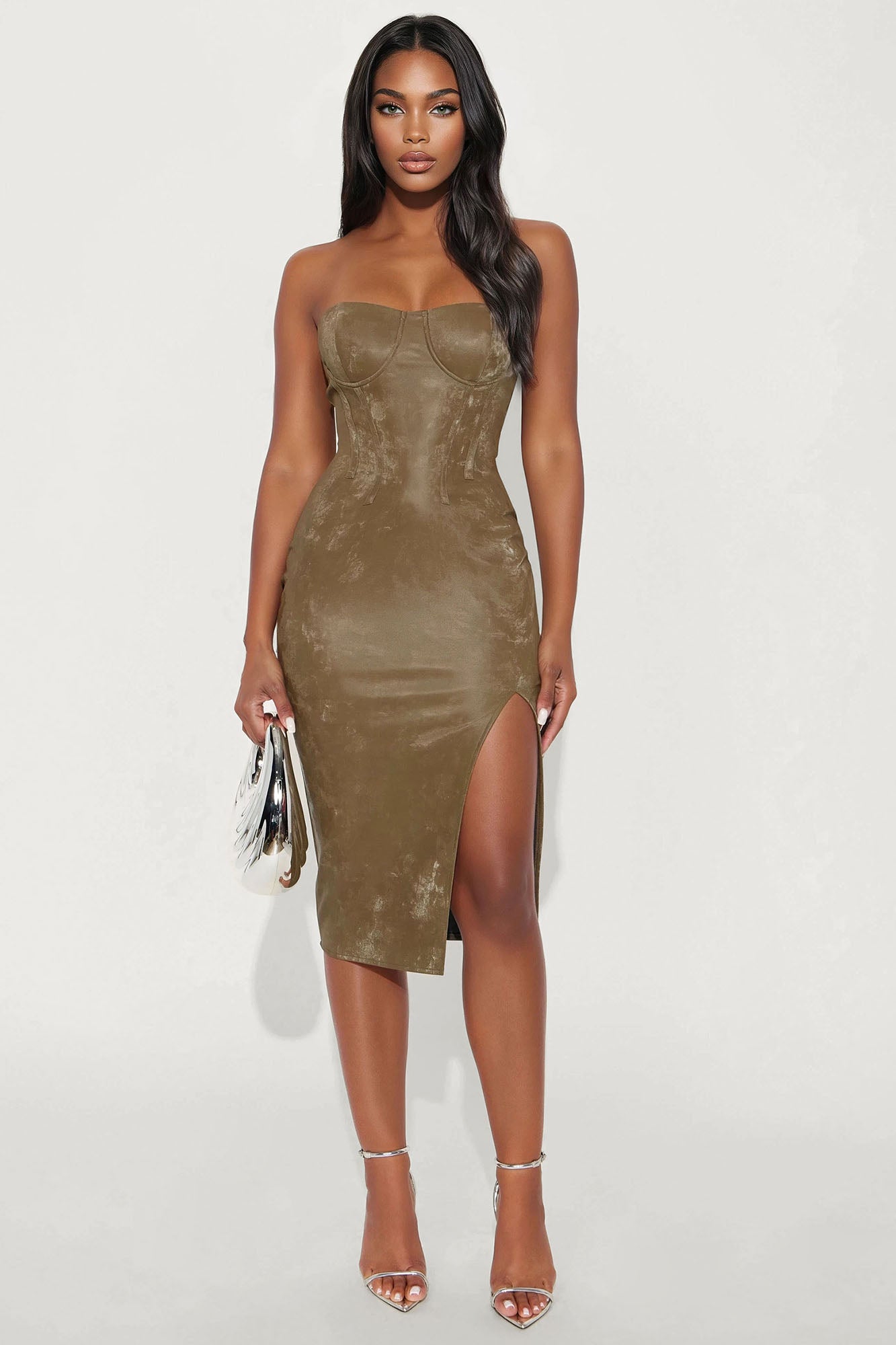 Lisa Lace Up Back Faux Leather Midi Dress - Olive