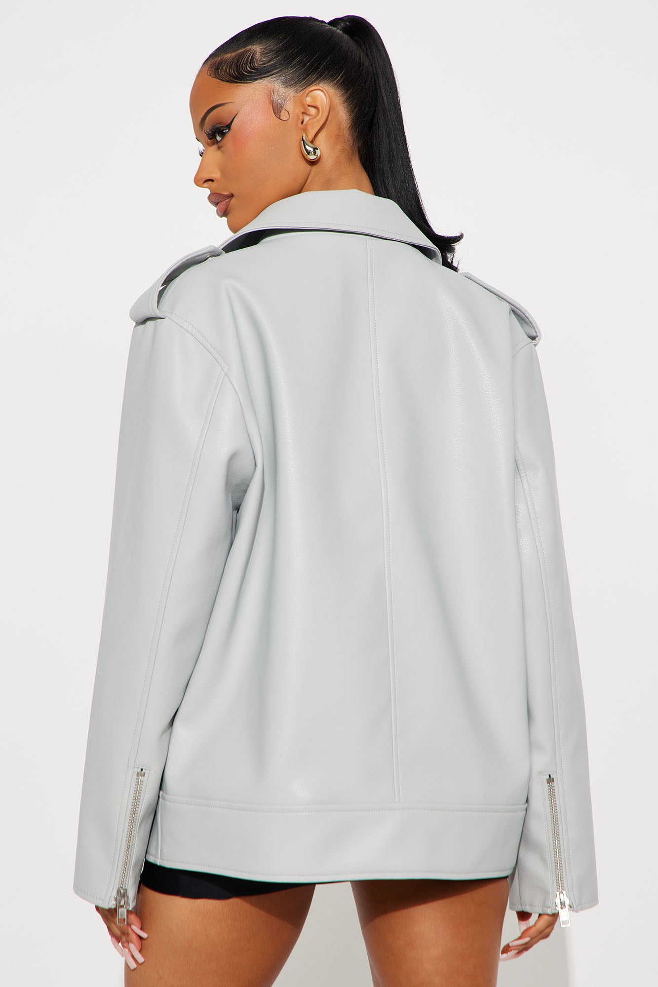 Phoebe Oversized Faux Leather Moto Jacket - Light Grey
