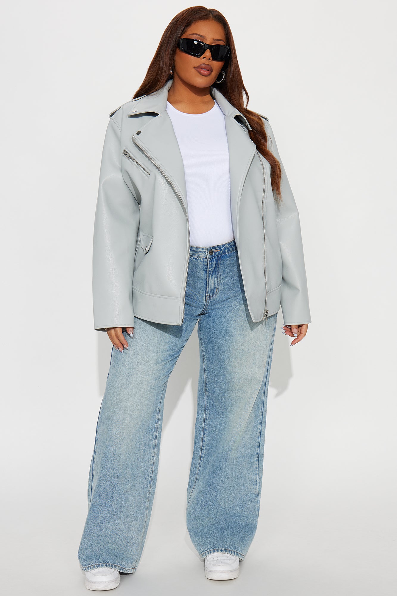 Phoebe Oversized Faux Leather Moto Jacket - Light Grey