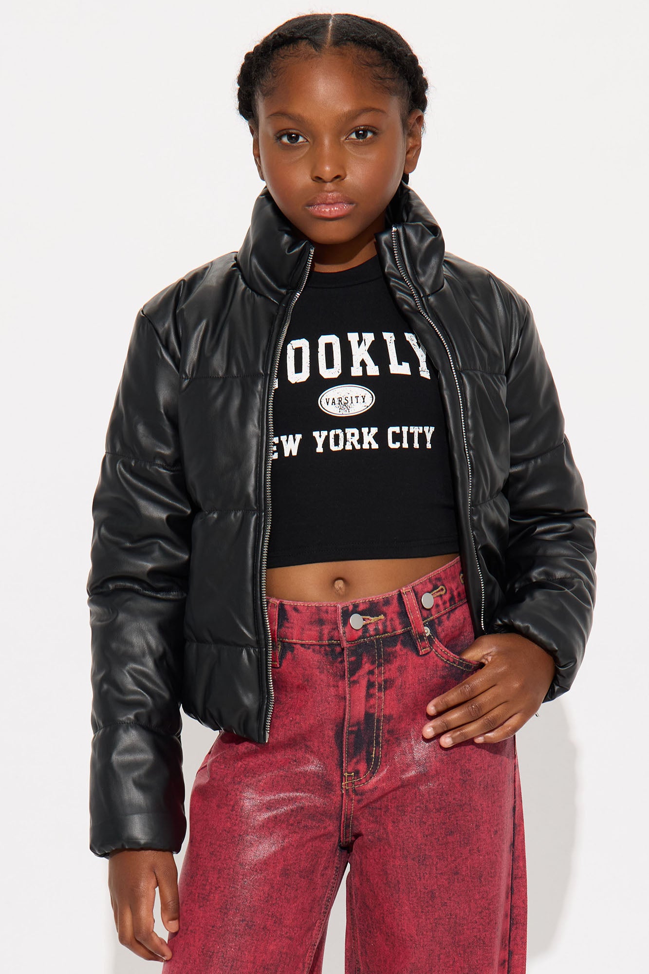 Mini Vixen Faux Leather Puffer Jacket - Black