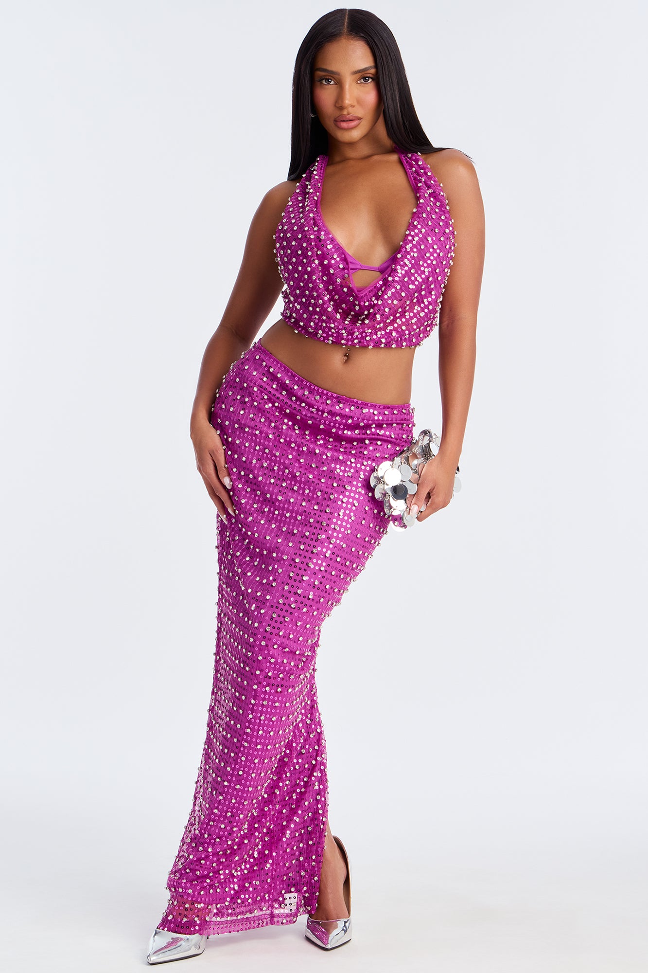 Invitation Only Embellished Halter Skirt Set - Magenta