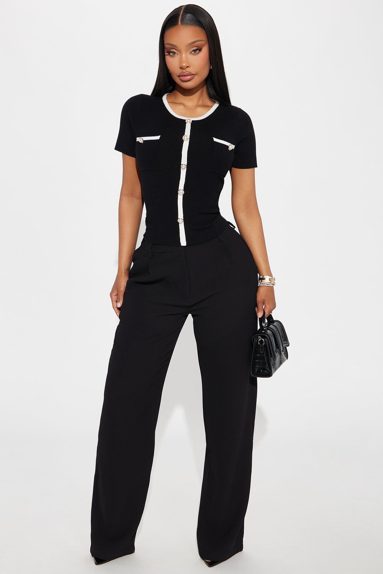 Sofia Short Sleeve Sweater Top - Black/White