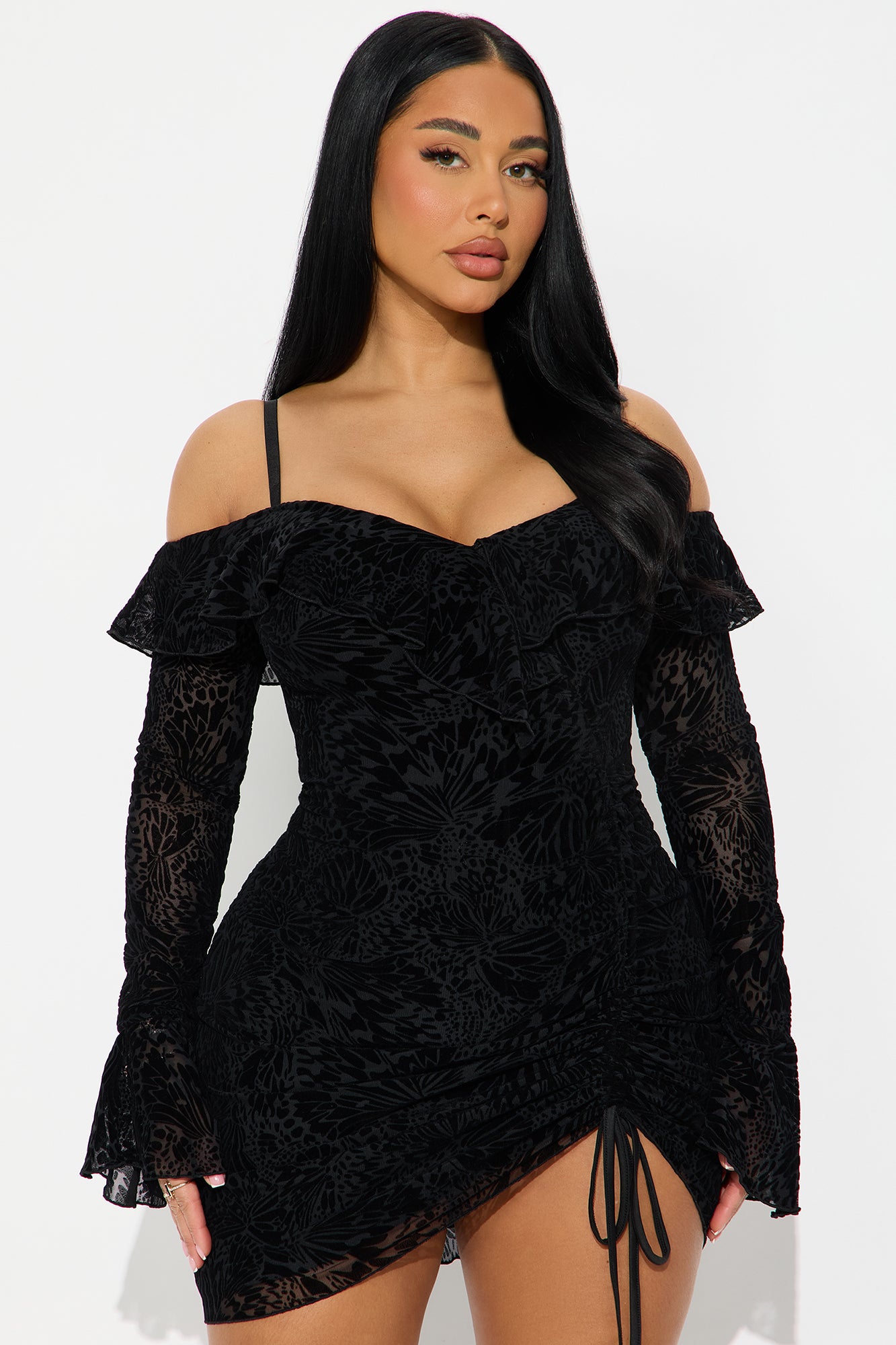 Tall Misty Velvet Mesh Mini Dress - Black