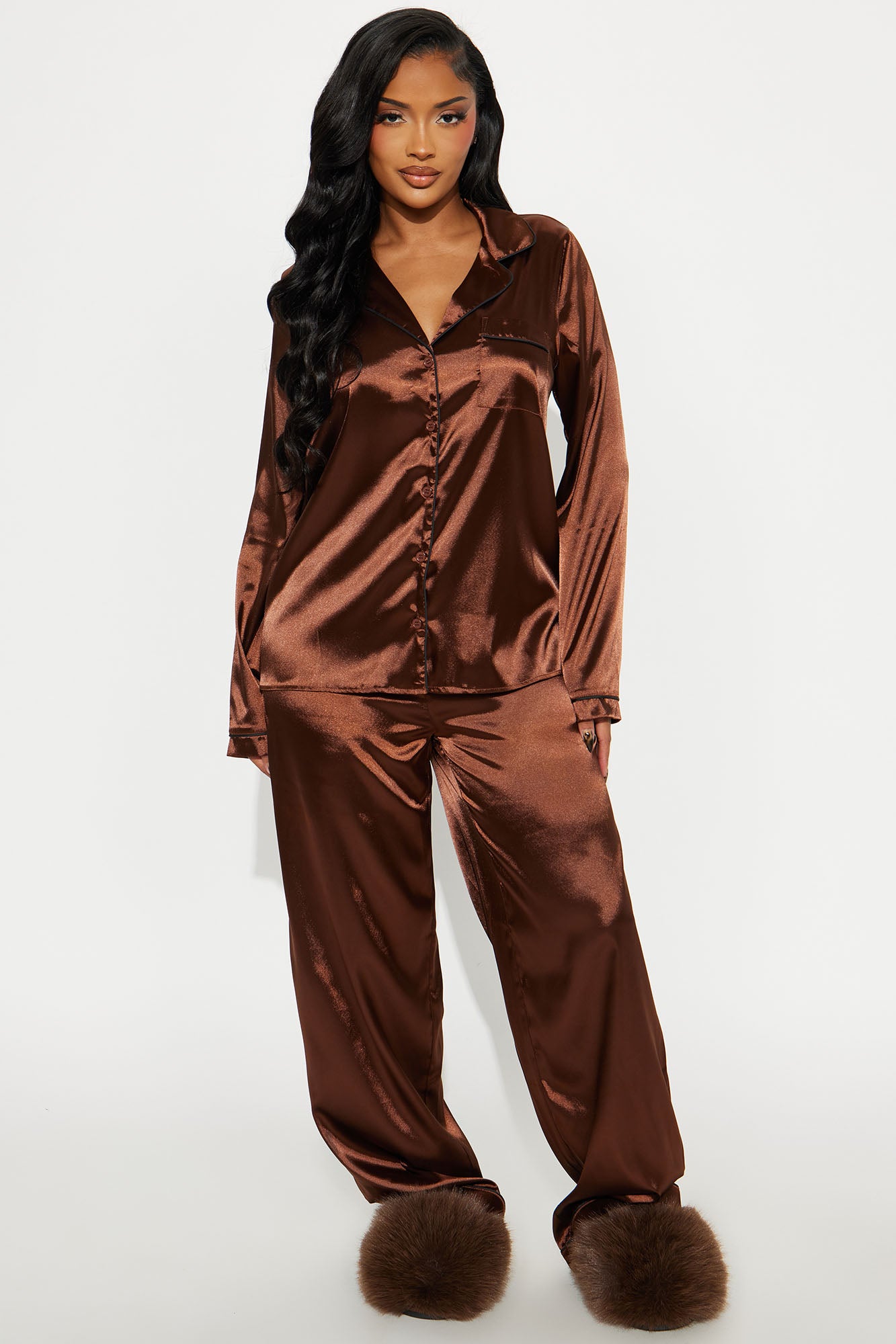 Bedtime Stretch Satin Long Sleeve PJ Pant Set - Chocolate