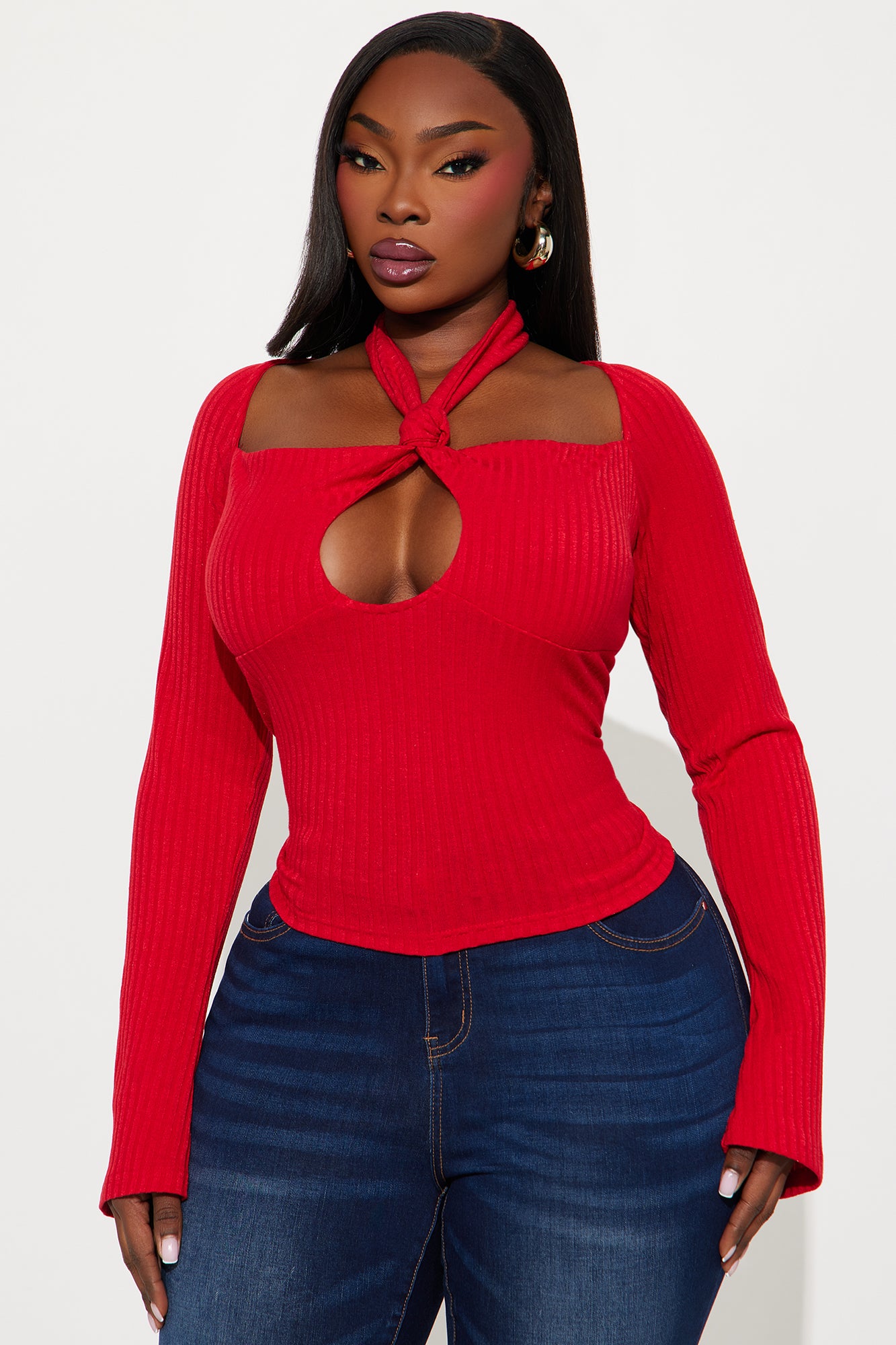 Safina Long Sleeve Ribbed Top - Red