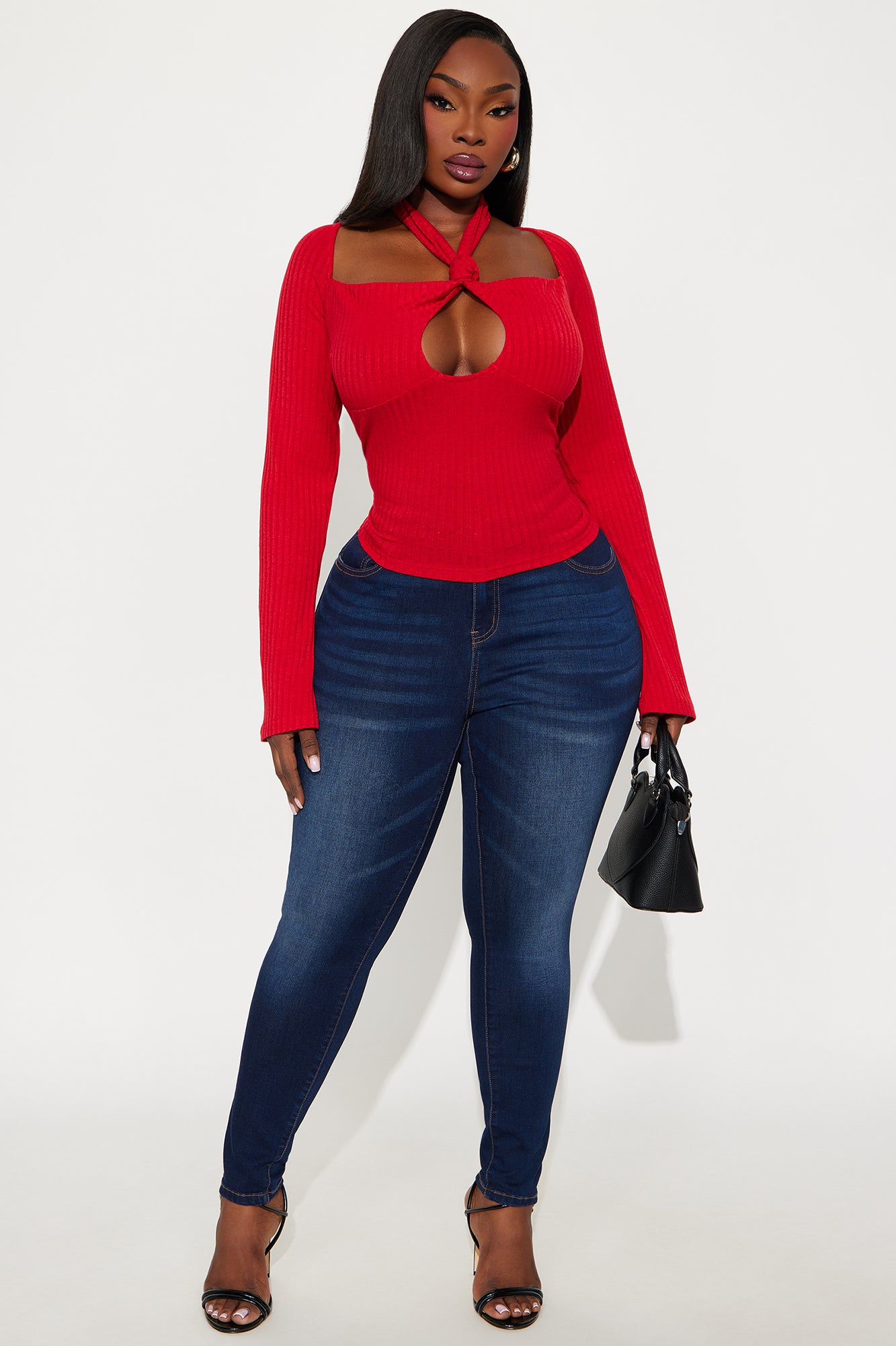 Safina Long Sleeve Ribbed Top - Red