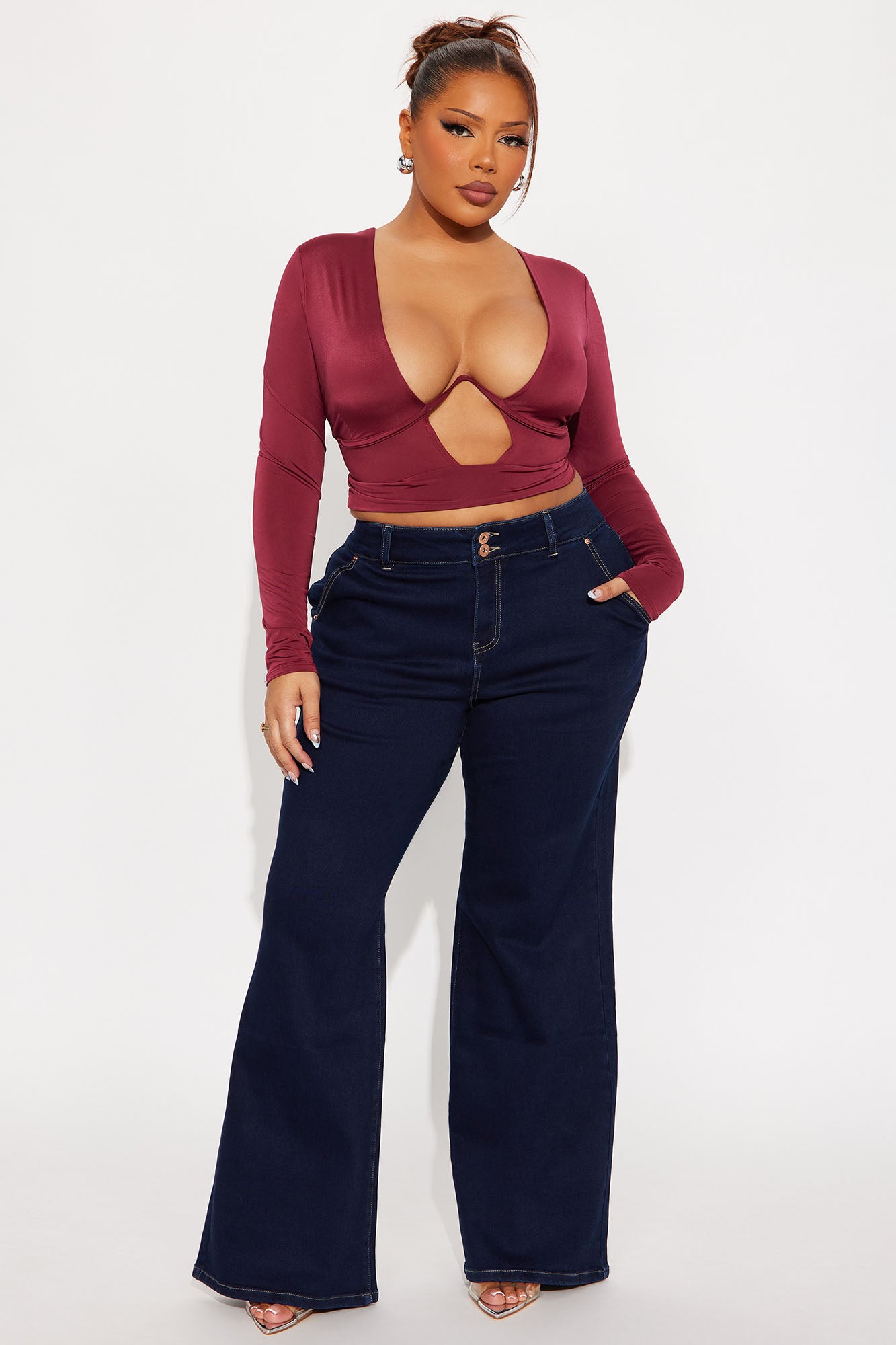 Talia Cut Out Long Sleeve Top - Burgundy