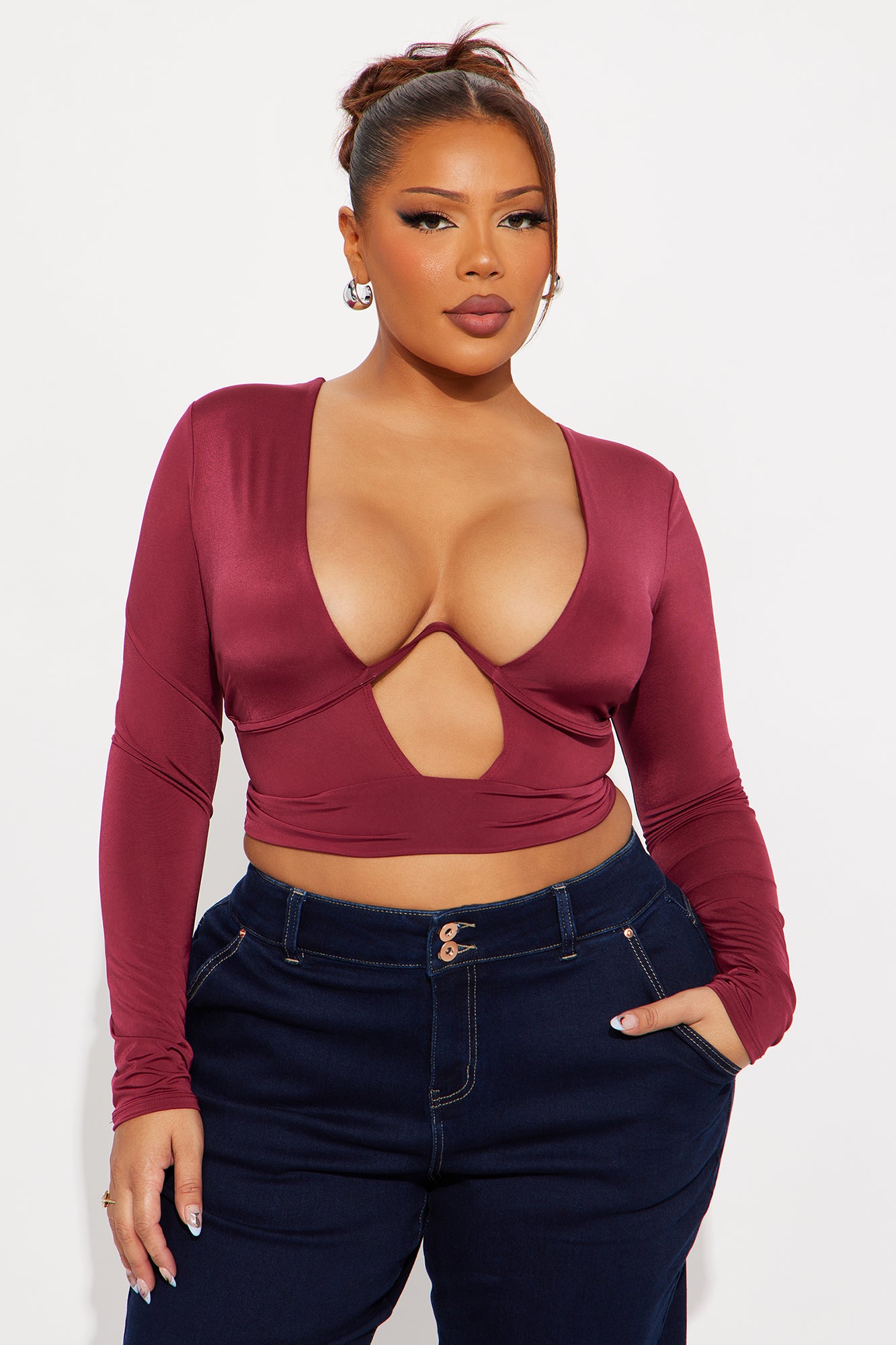 Talia Cut Out Long Sleeve Top - Burgundy