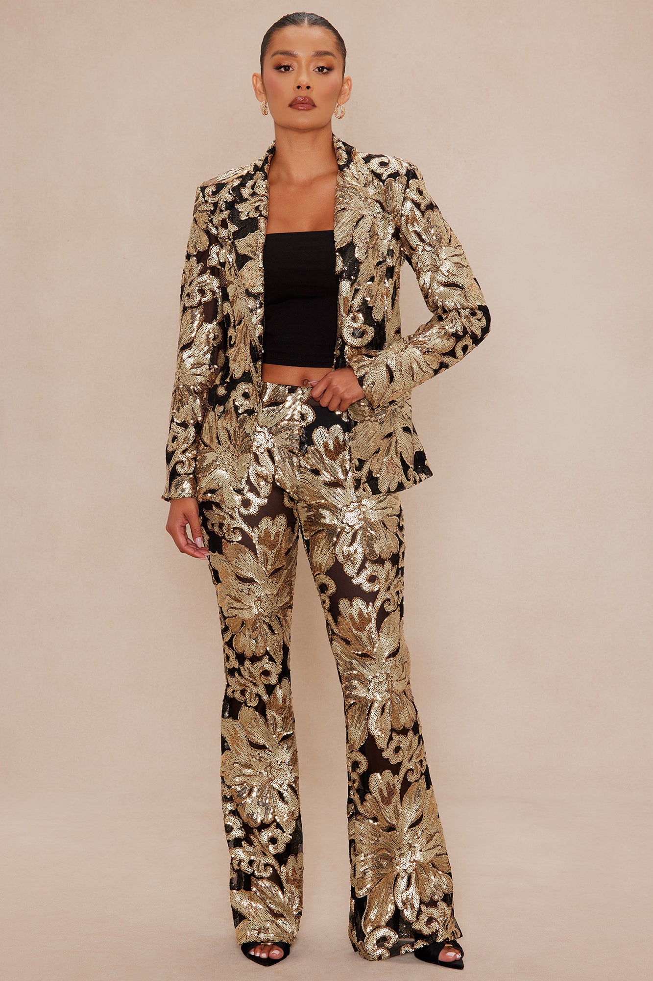 Miranda Sequin Flare Pant - Black/Gold