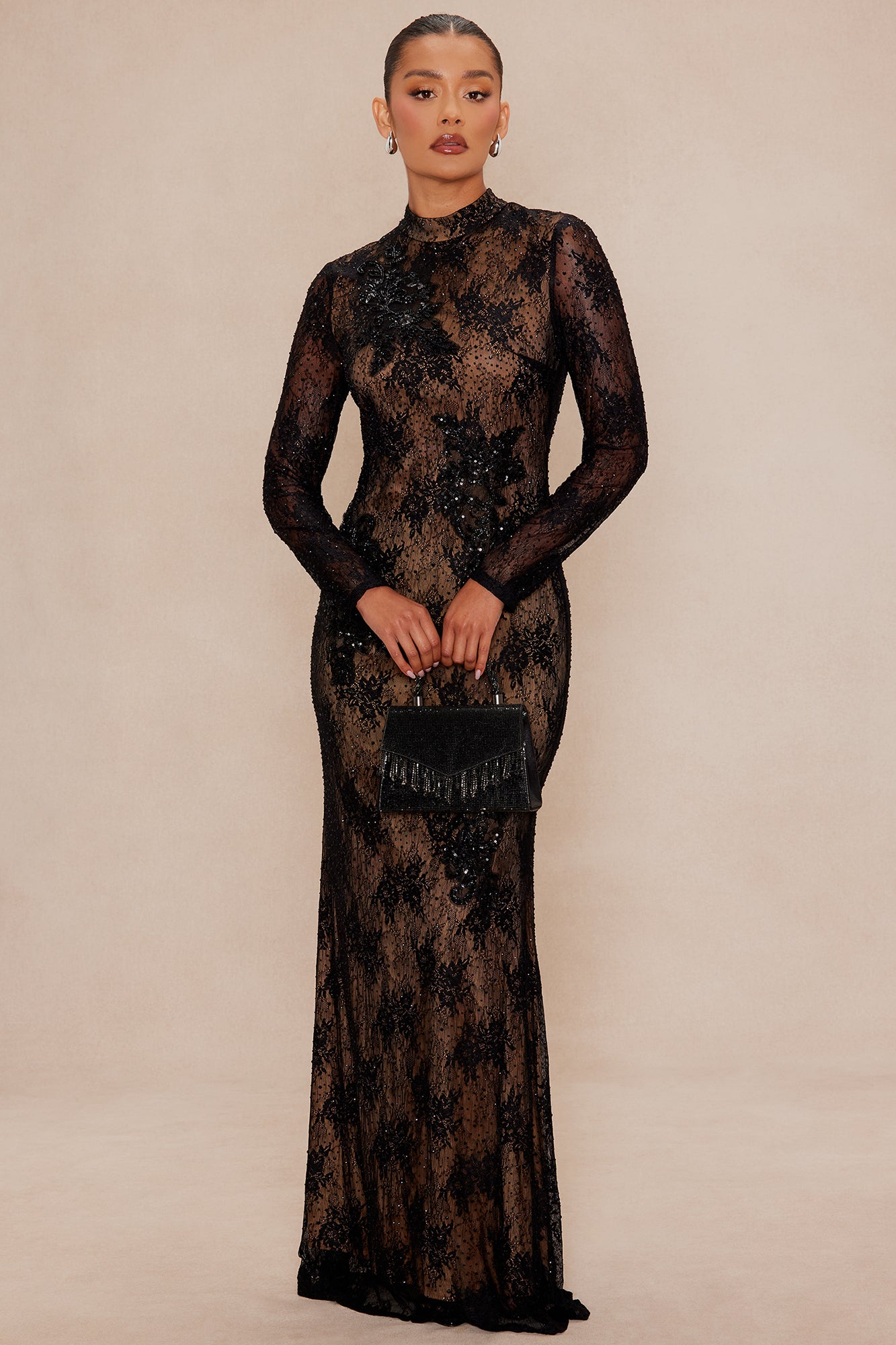 Dark Romance Embellished Lace Maxi Dress - Black