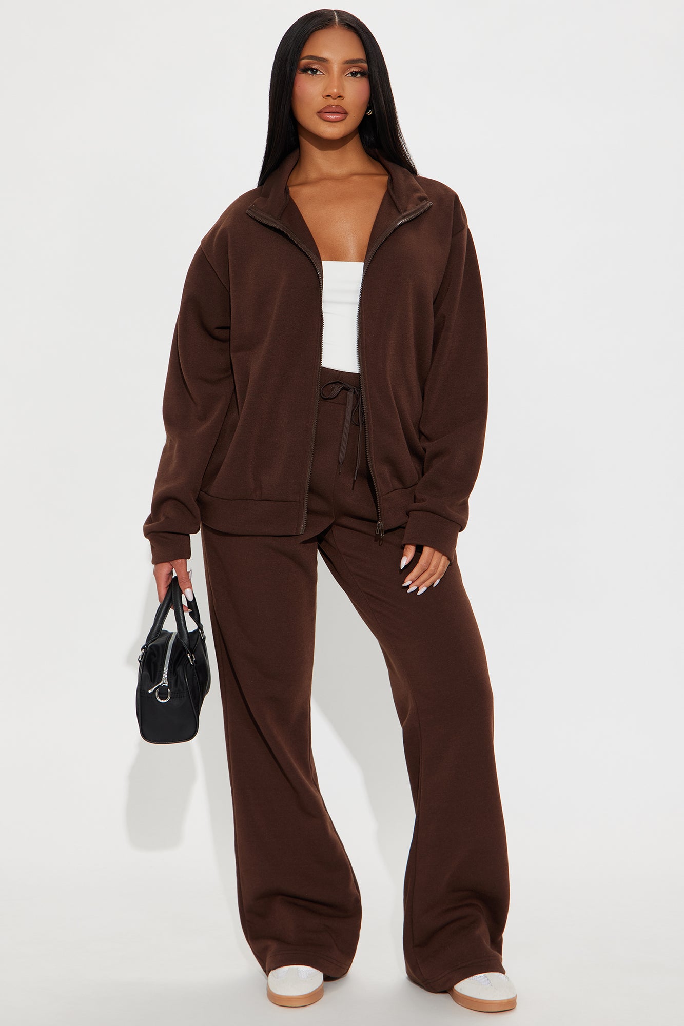 Demi Zip Up Fleece Pant Set - Chocolate