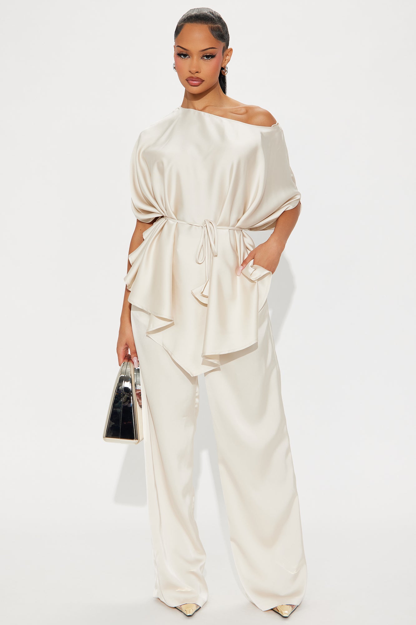 Everly Satin Pant Set - Champagne