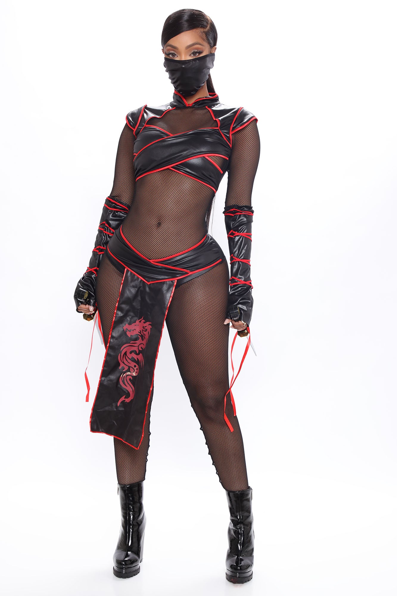 Sexy Stealth Ninja 5 Piece Costume - Black/Red