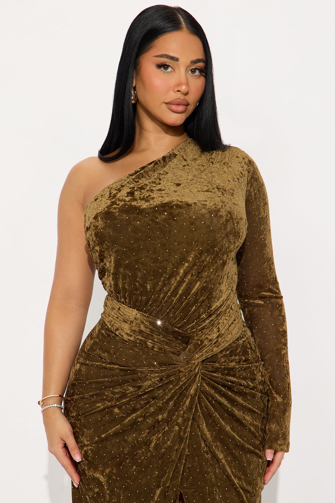 Mora One Shoulder Velvet Gown - Olive