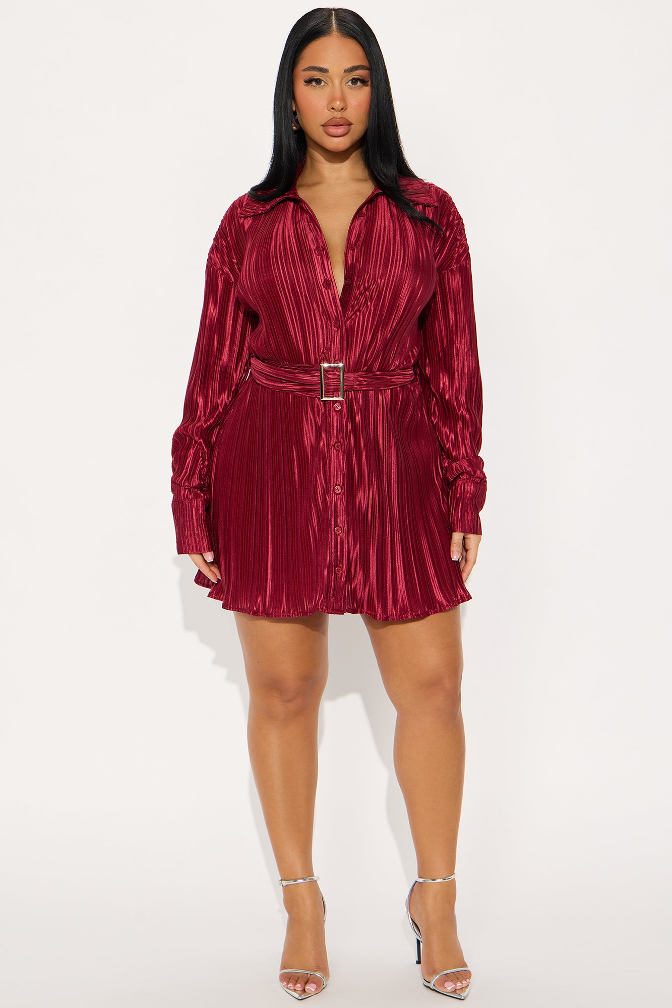 Hot Off The Press Pleated Satin Mini Dress - Wine