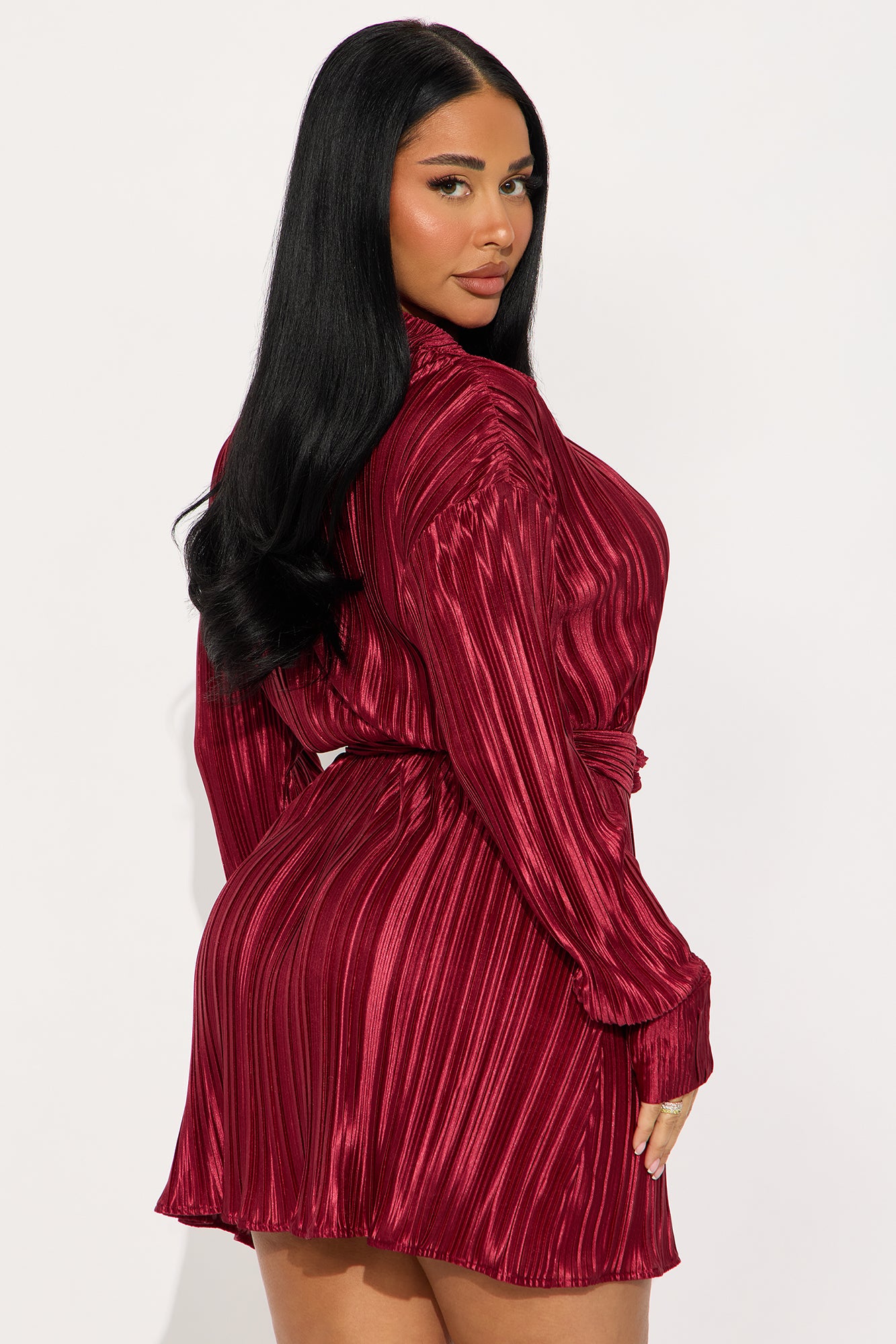 Hot Off The Press Pleated Satin Mini Dress - Wine