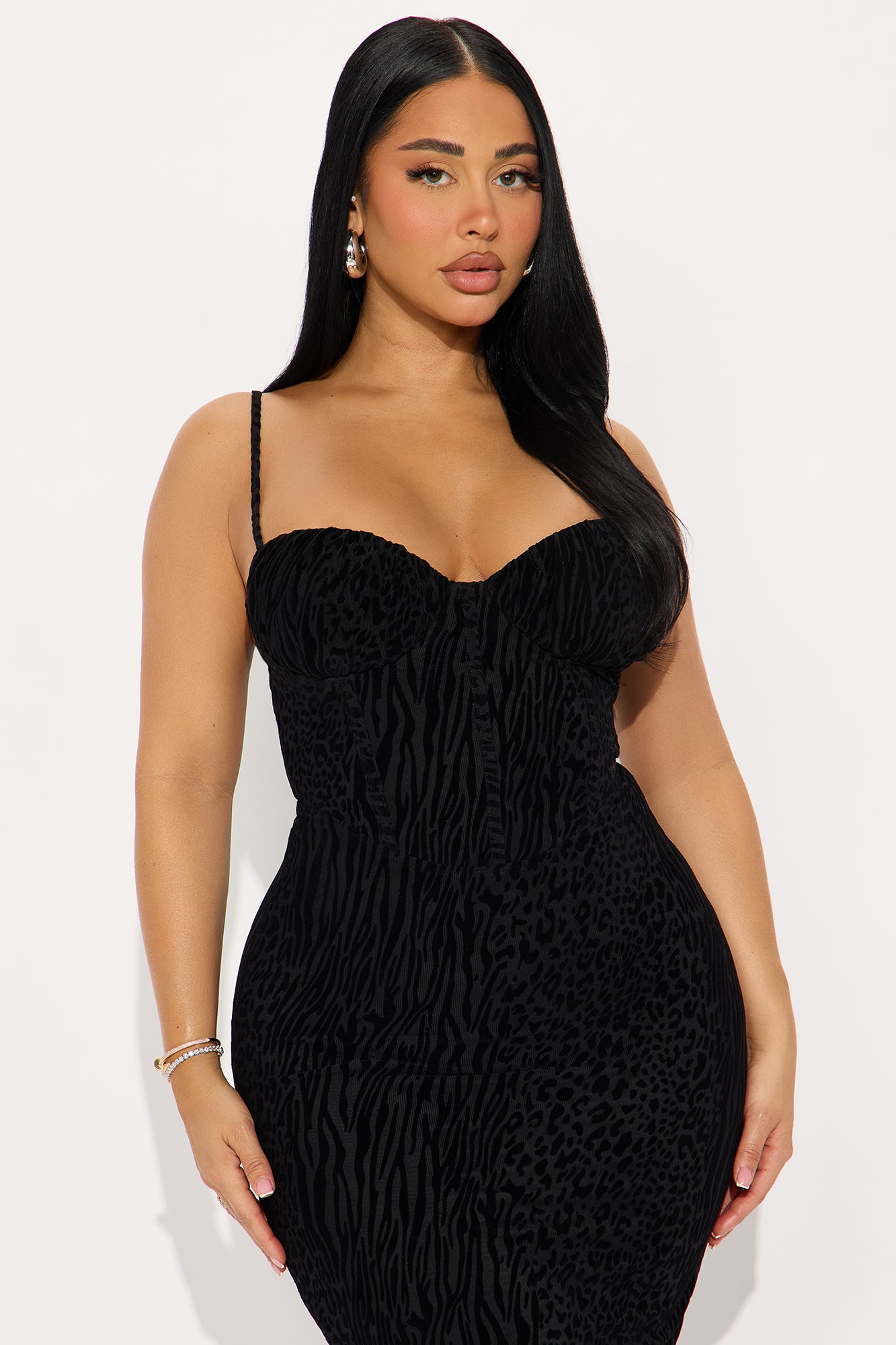 Gianna Flocked Mesh Midi Dress - Black