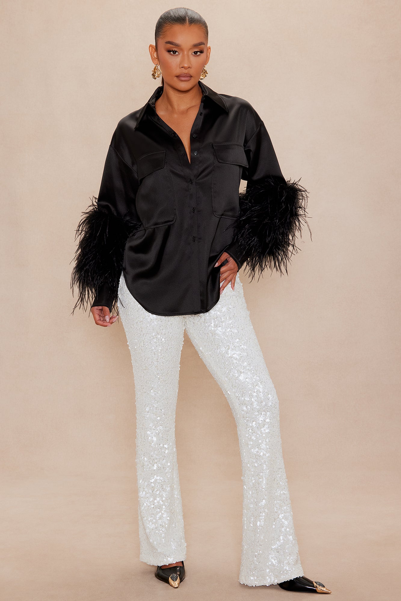 Anna Satin Feather Shirt - Black