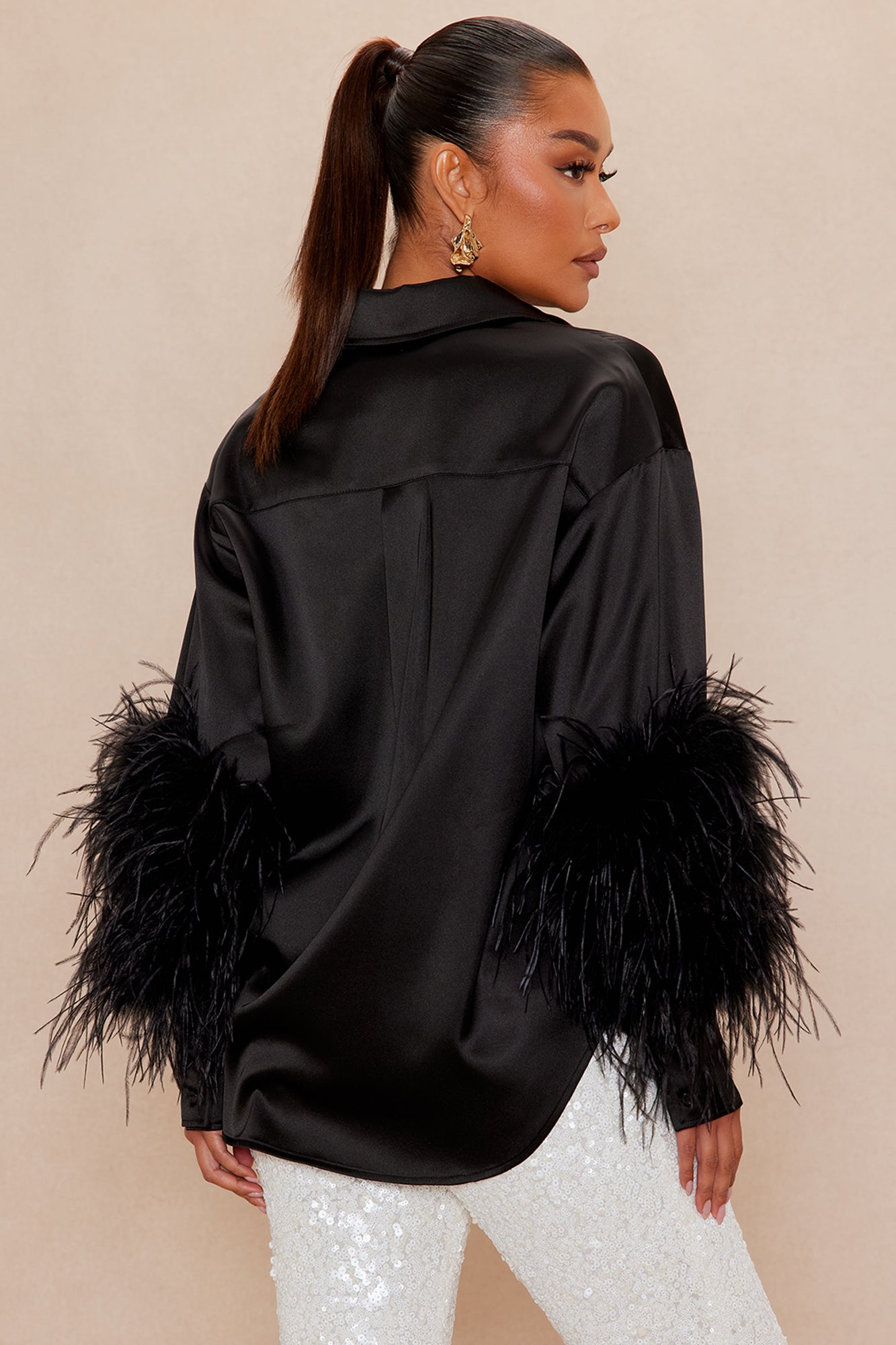 Anna Satin Feather Shirt - Black