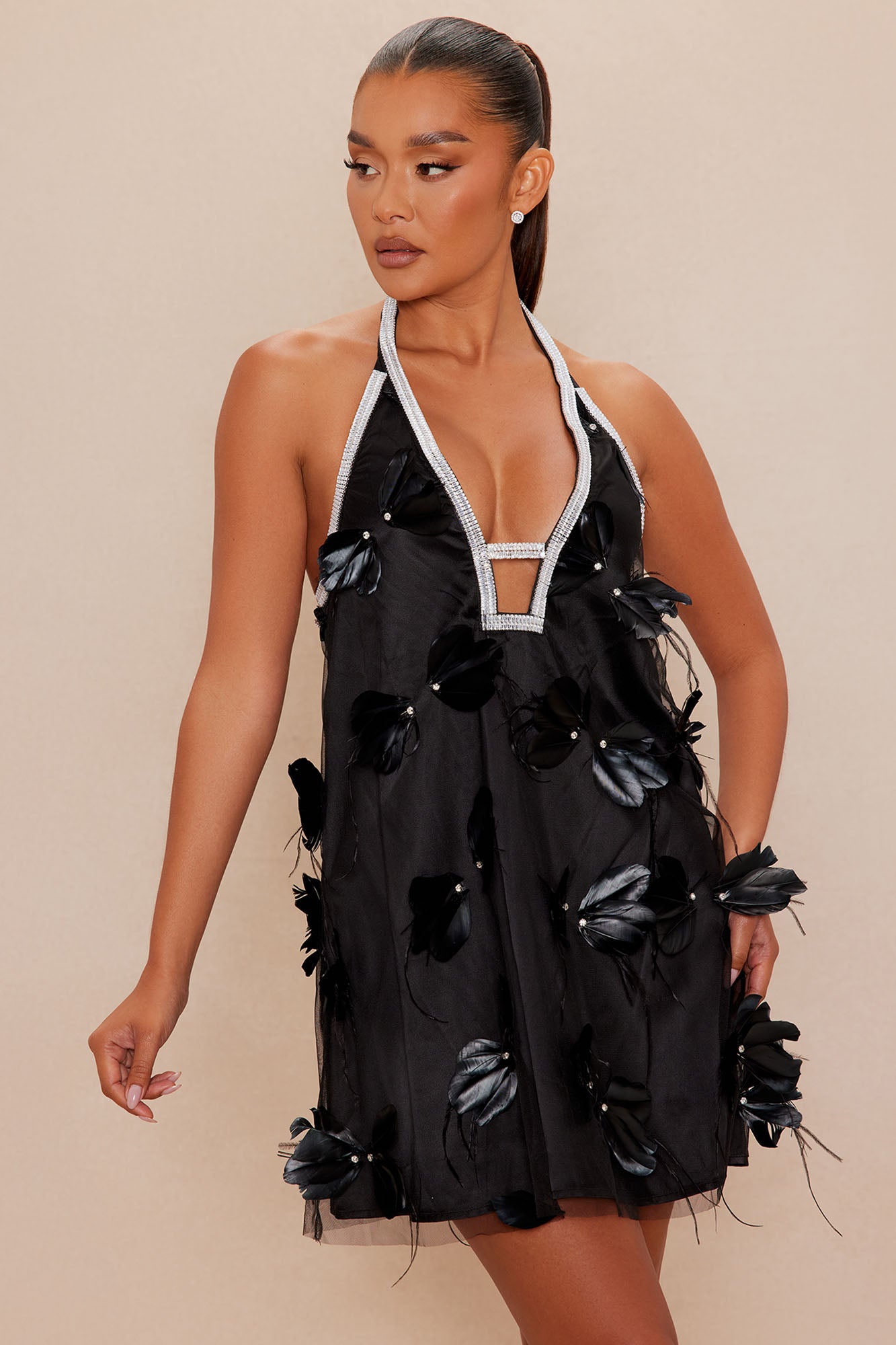 Maribelle Feathered Mini Dress - Black
