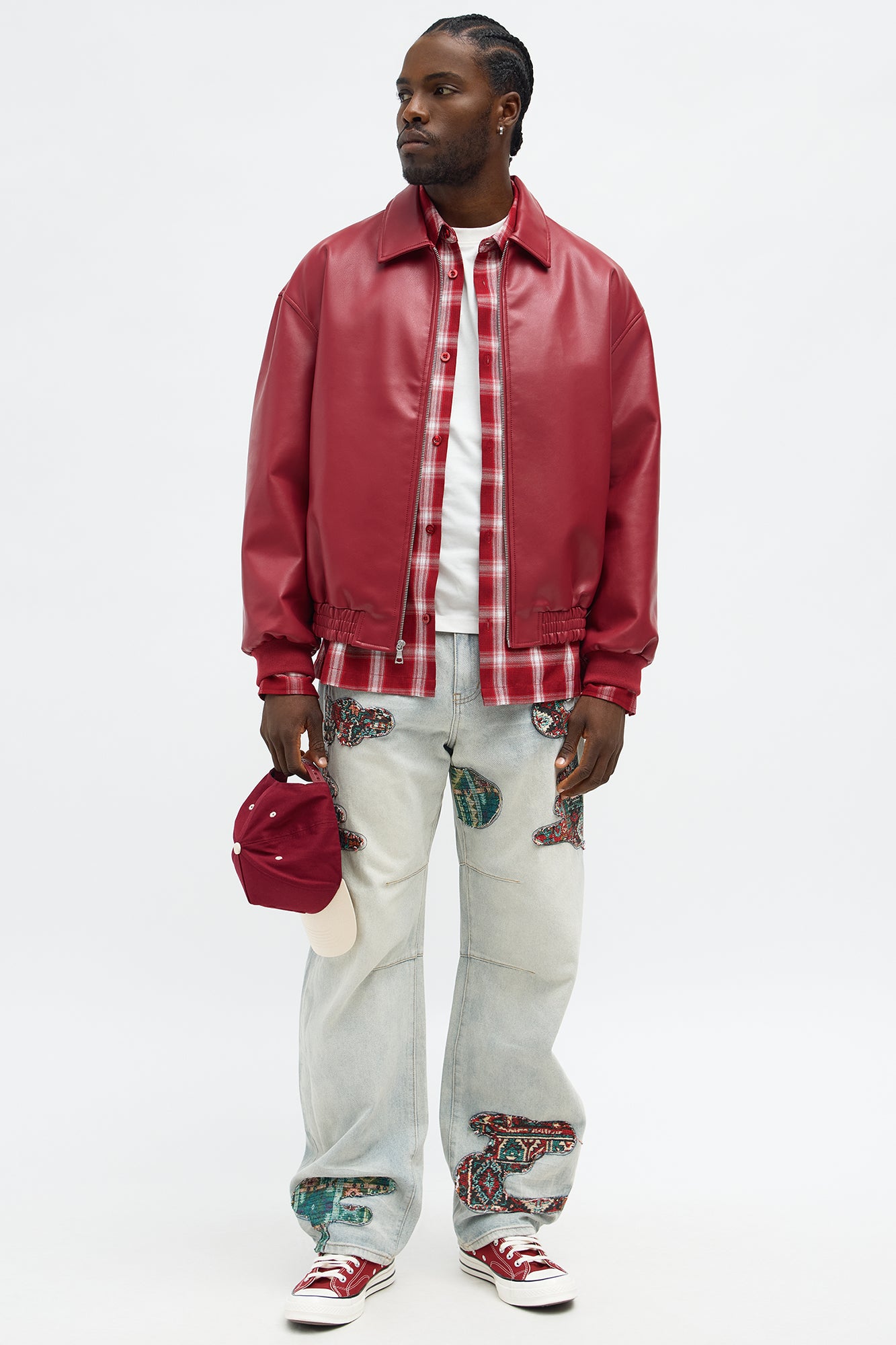 Faux Leather Work Jacket - Red