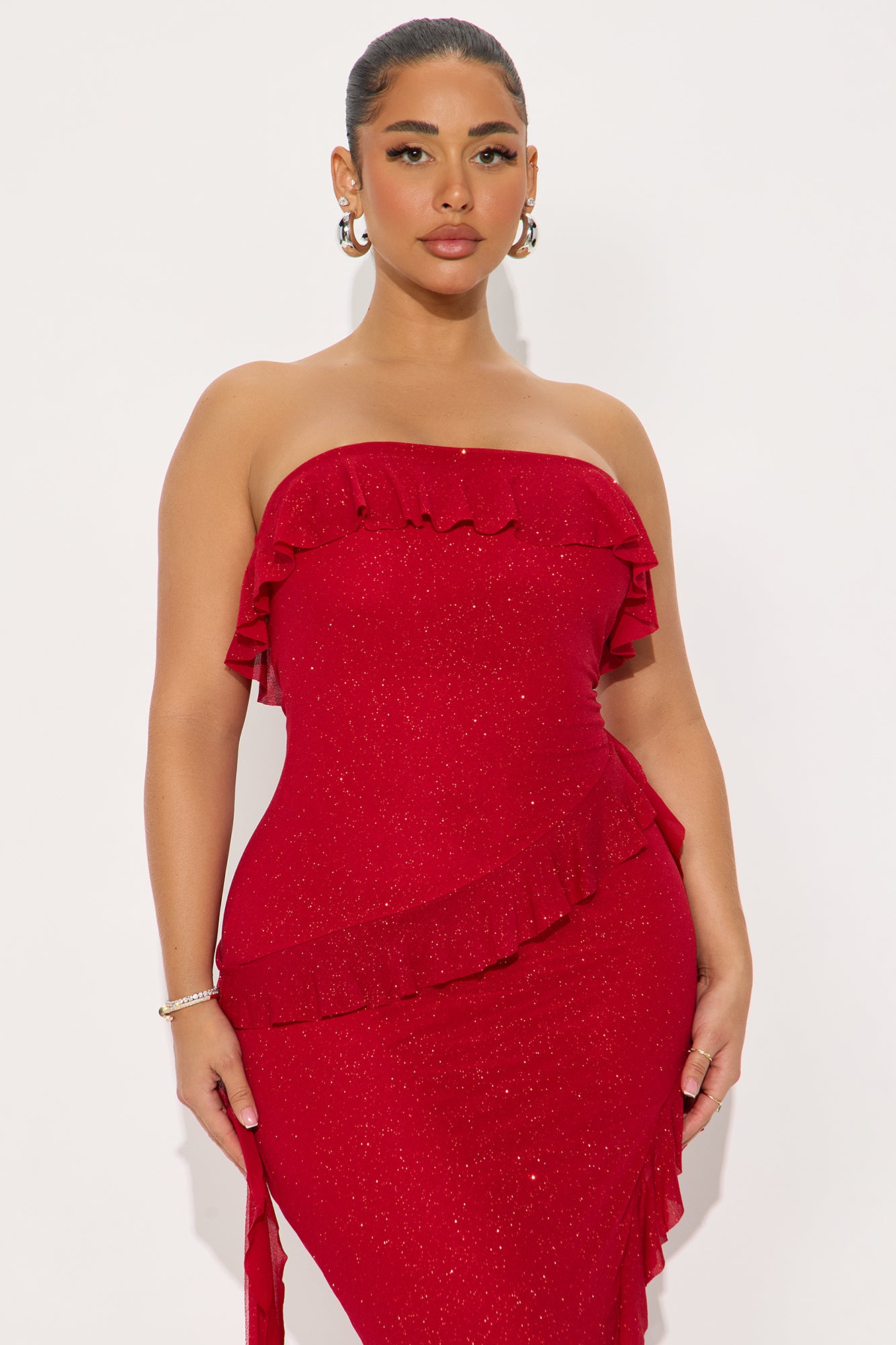 Emmalyn Ruffle Draped Glitter Mesh Midi Dress - Red