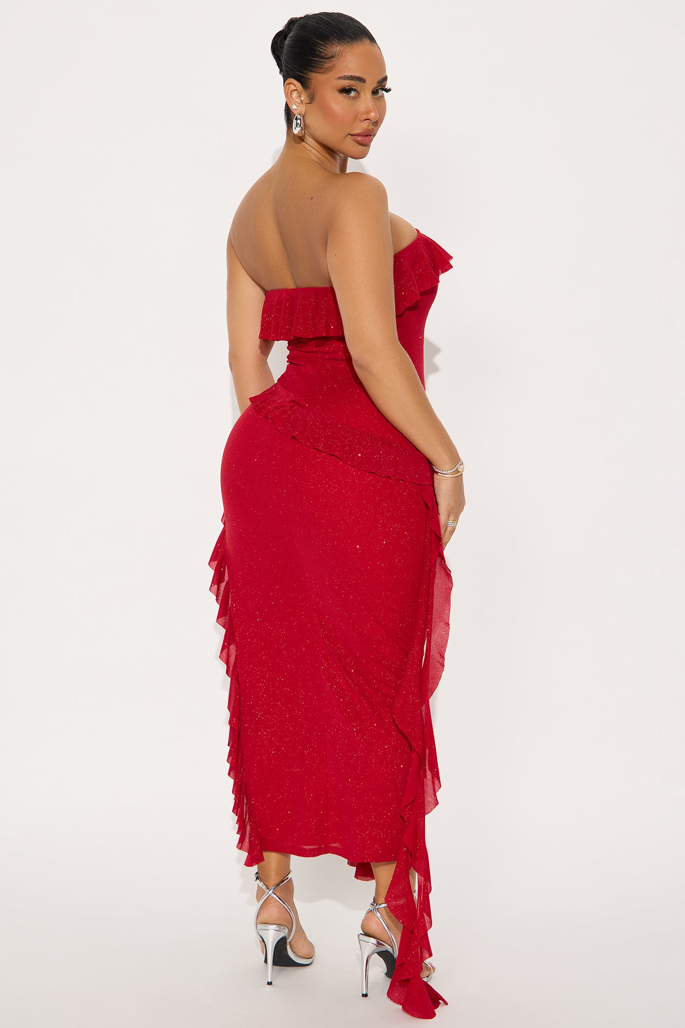 Emmalyn Ruffle Draped Glitter Mesh Midi Dress - Red