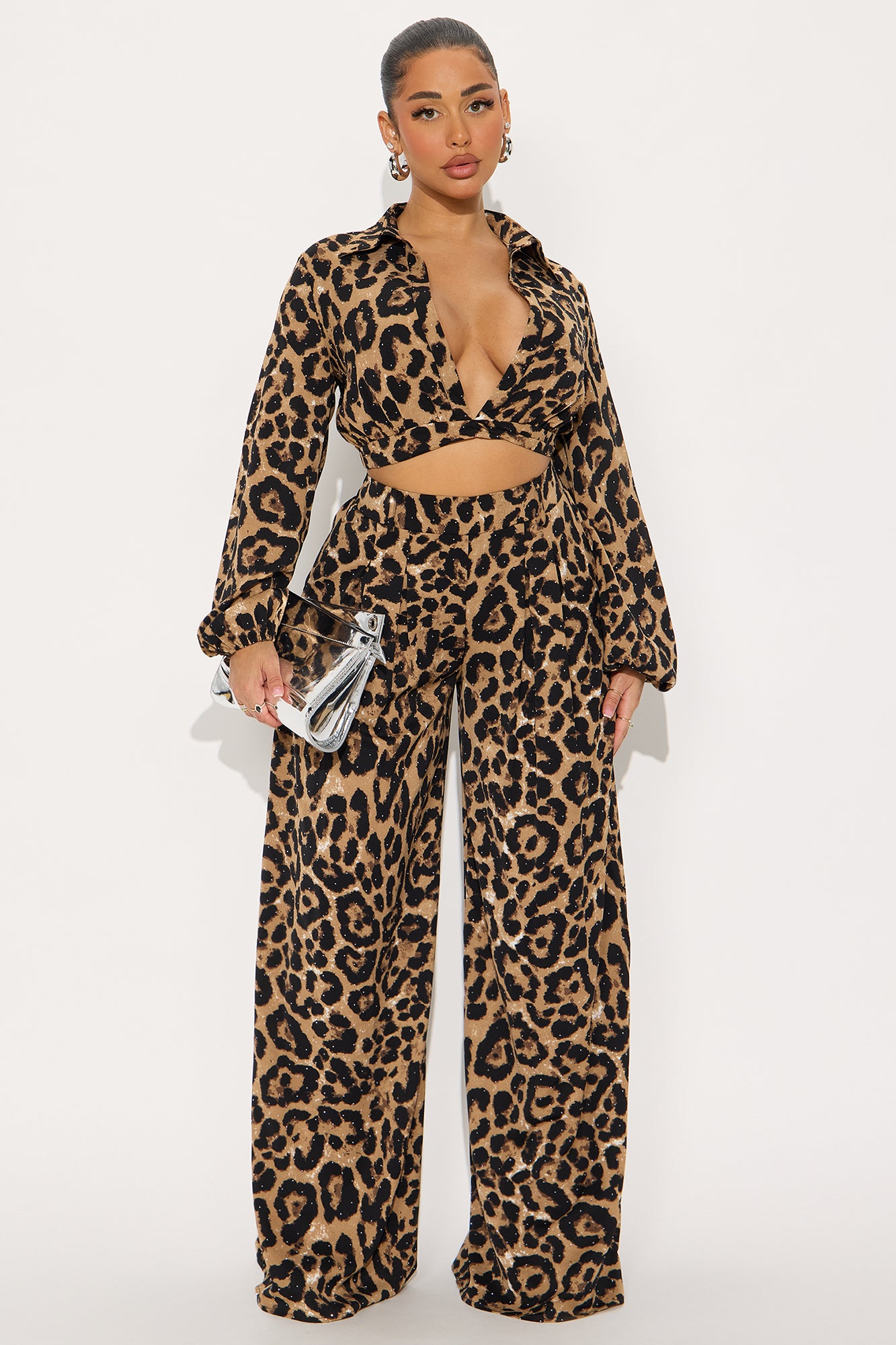Sweet Nothings Leopard Wide Leg Pant Set - Brown/combo