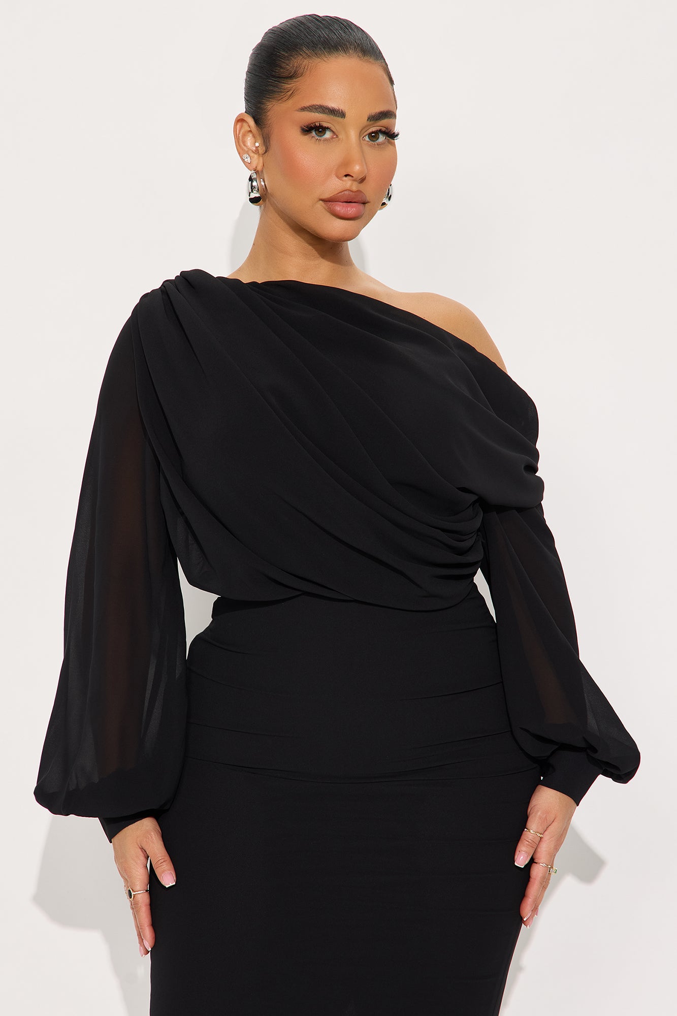 Sneak Peek One Shoulder Chiffon Midi Dress - Black