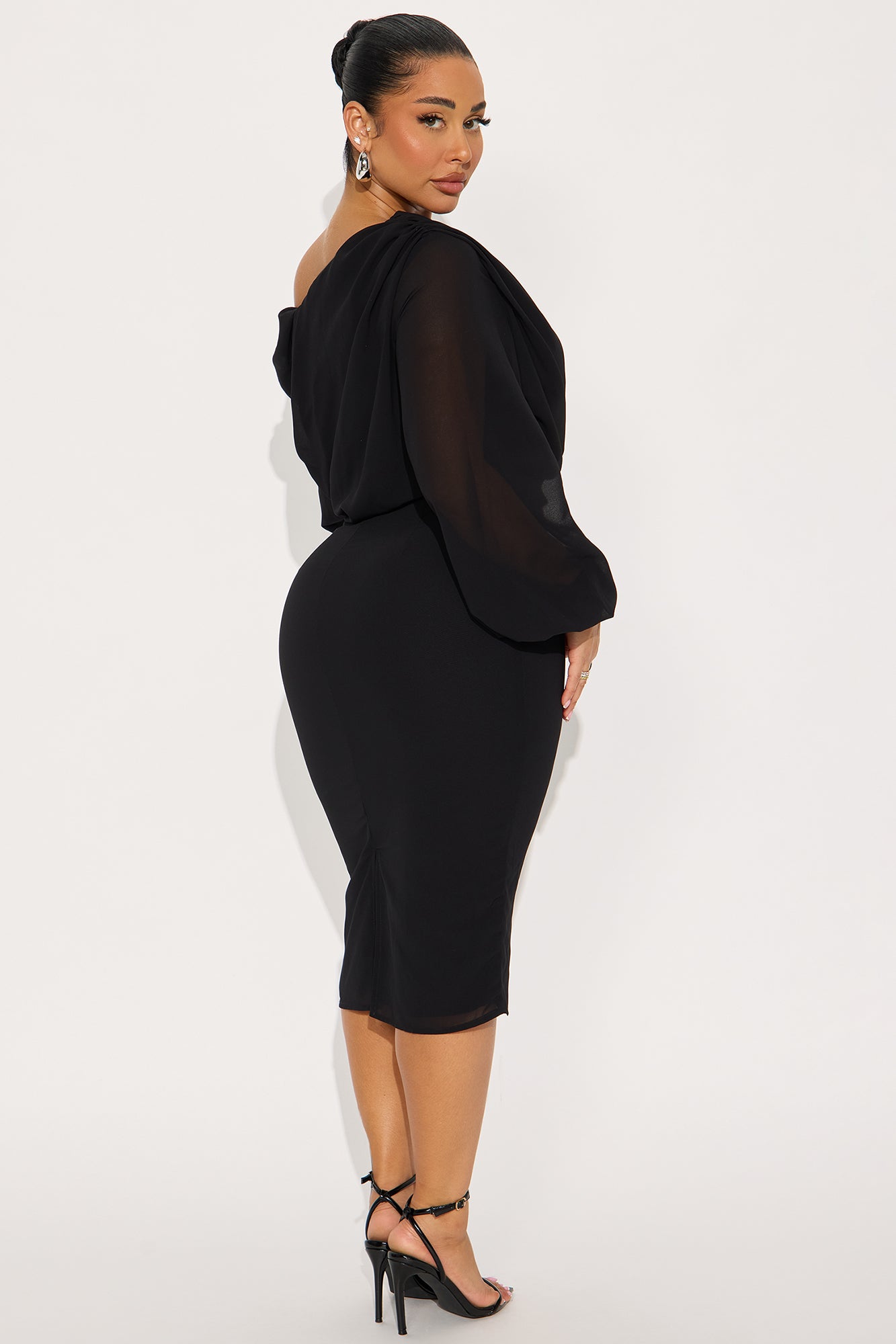 Sneak Peek One Shoulder Chiffon Midi Dress - Black