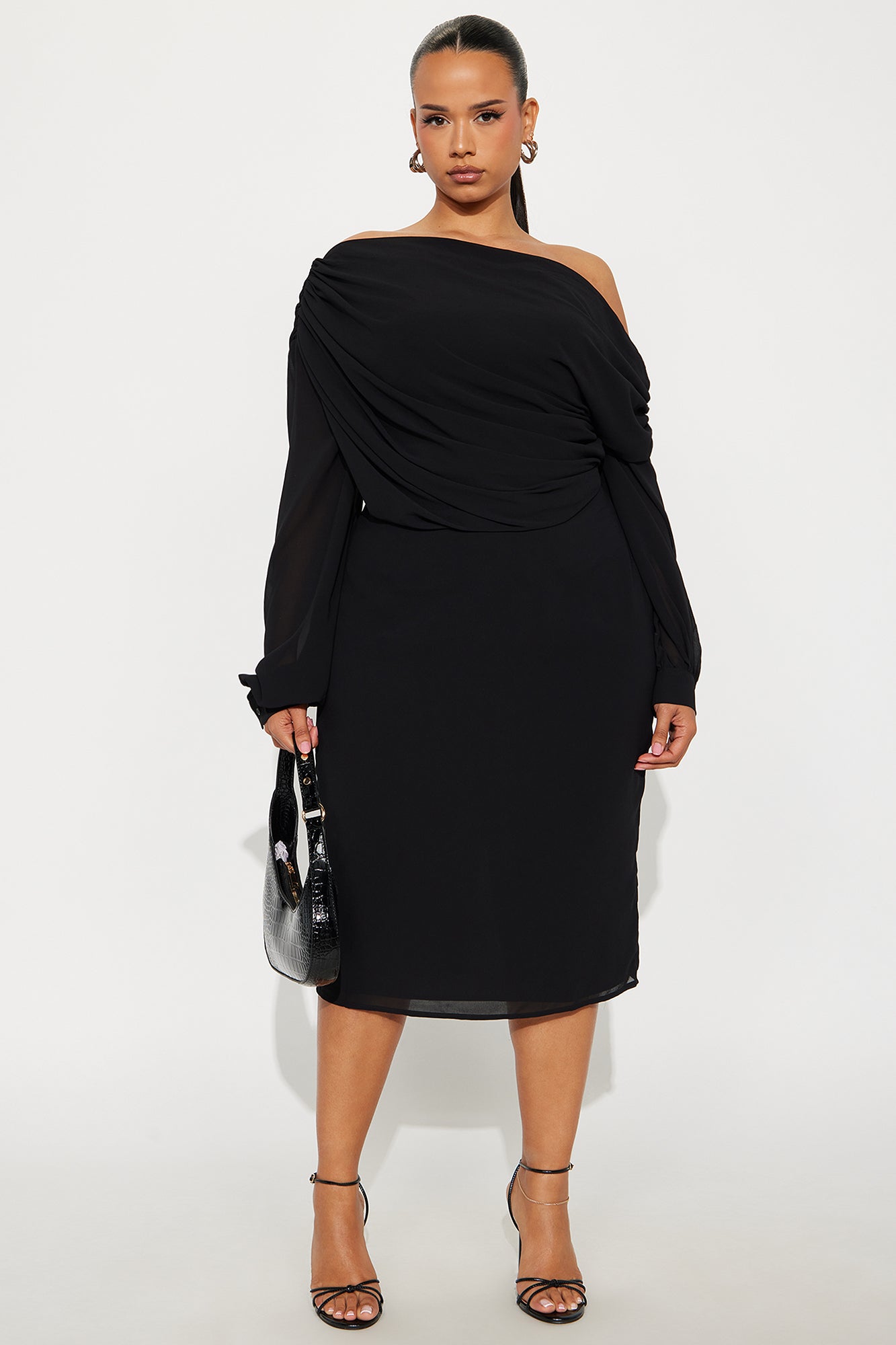 Sneak Peek One Shoulder Chiffon Midi Dress - Black