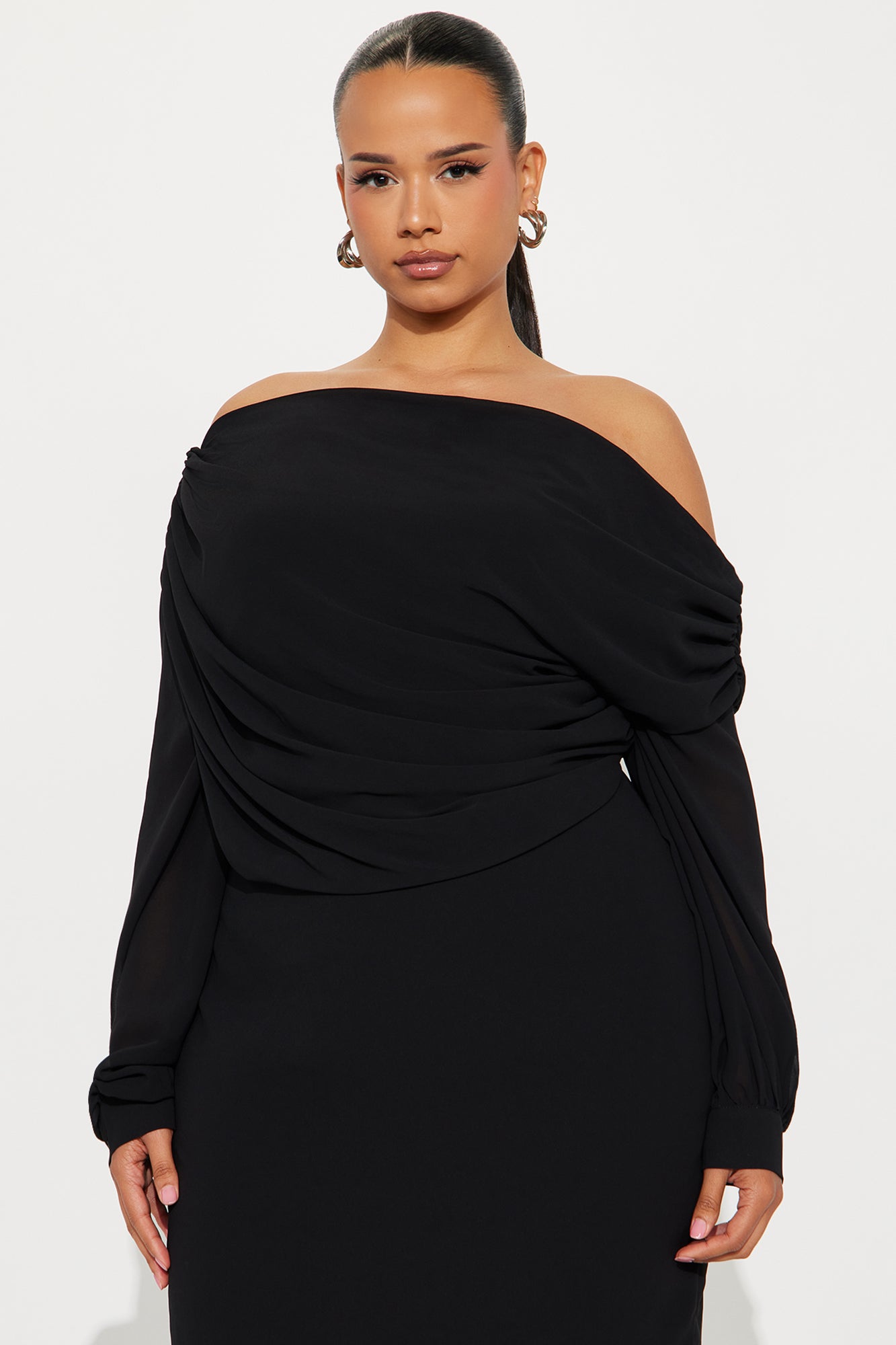 Sneak Peek One Shoulder Chiffon Midi Dress - Black