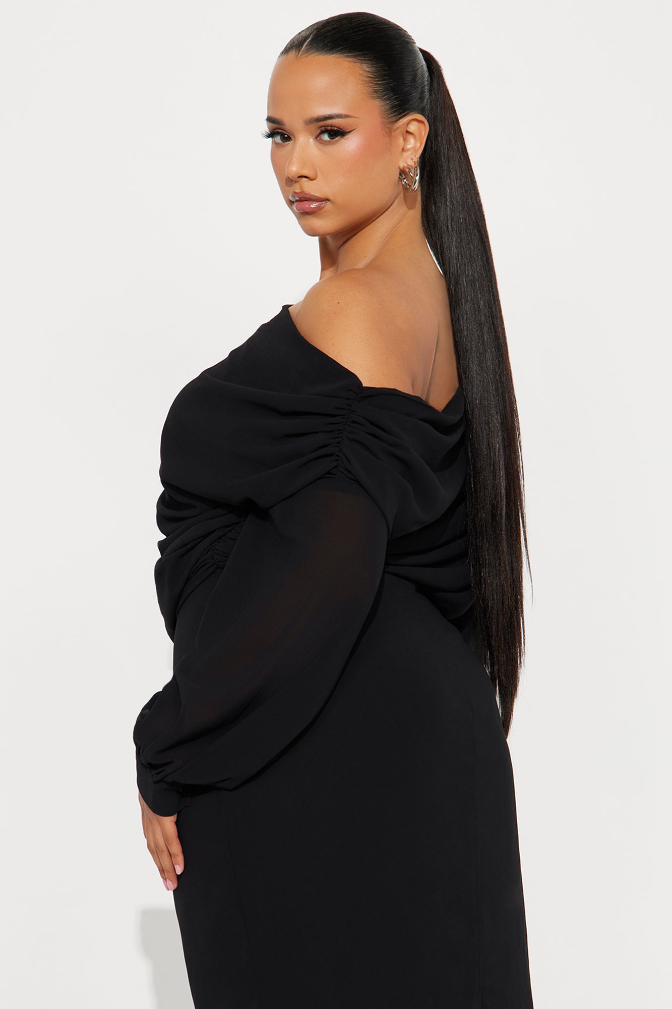 Sneak Peek One Shoulder Chiffon Midi Dress - Black