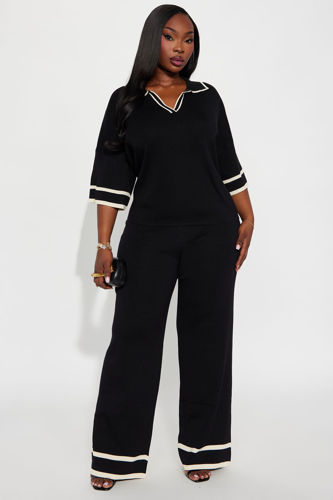 Sarah Sweater Knit Polo Pant Set - Black