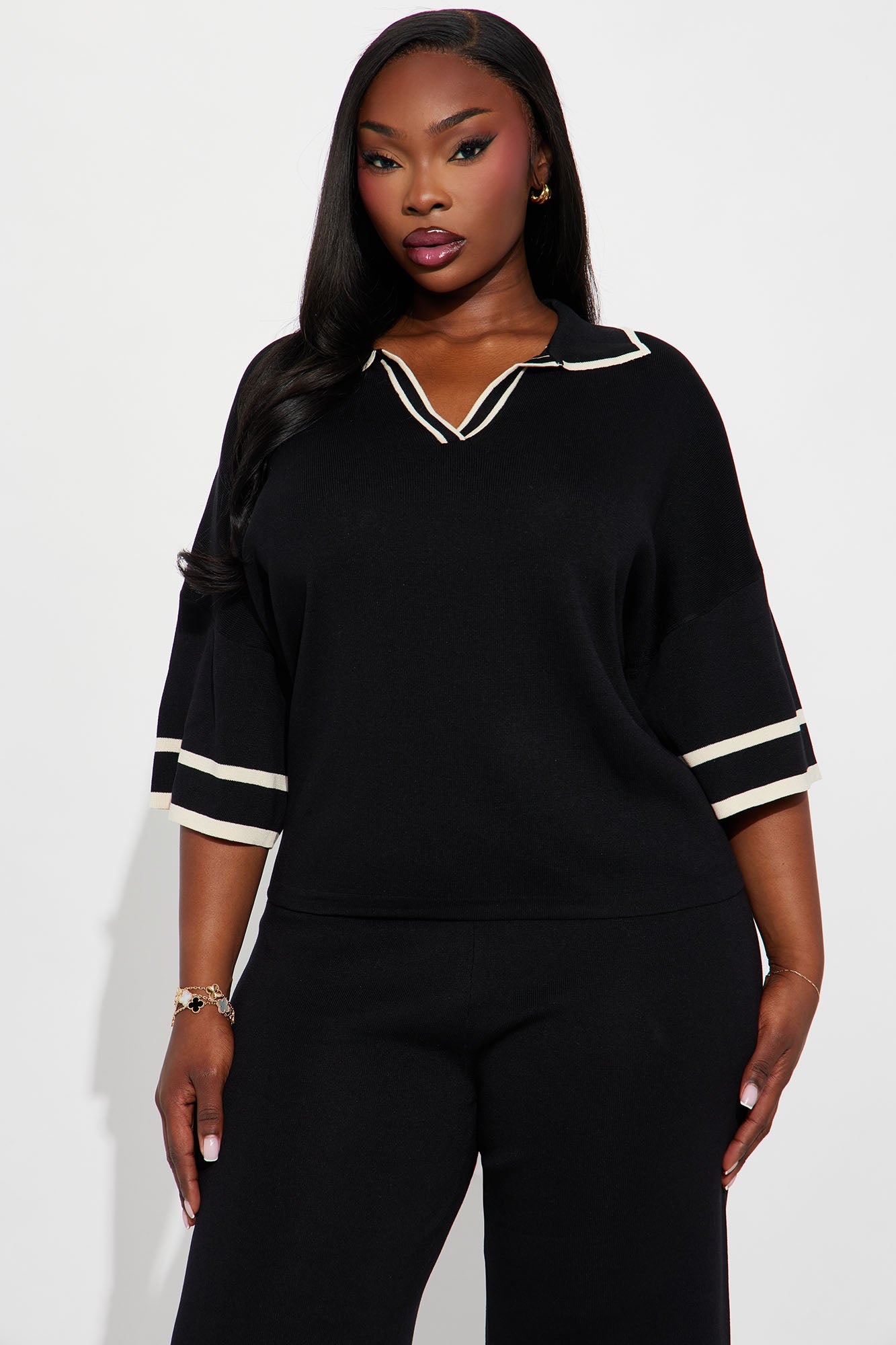 Sarah Sweater Knit Polo Pant Set - Black