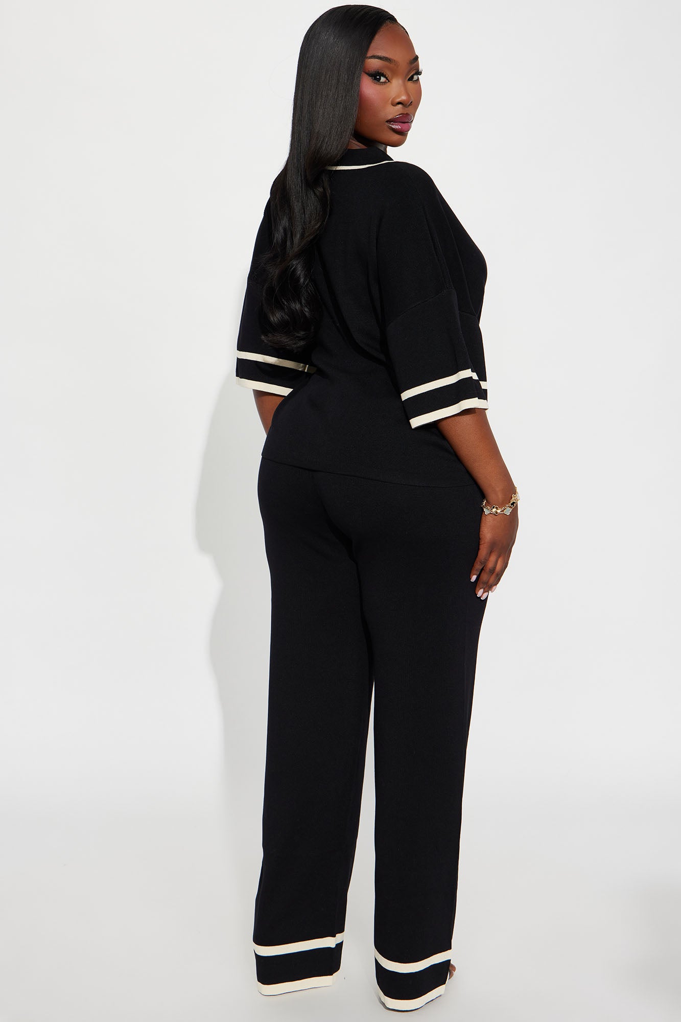 Sarah Sweater Knit Polo Pant Set - Black