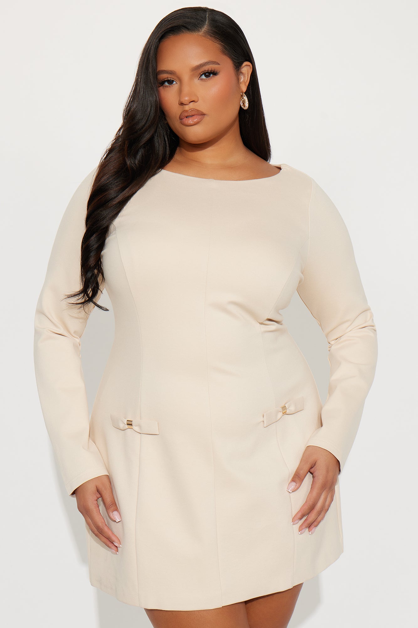 Dressed In Confidence Long Sleeve Mini Dress - Beige