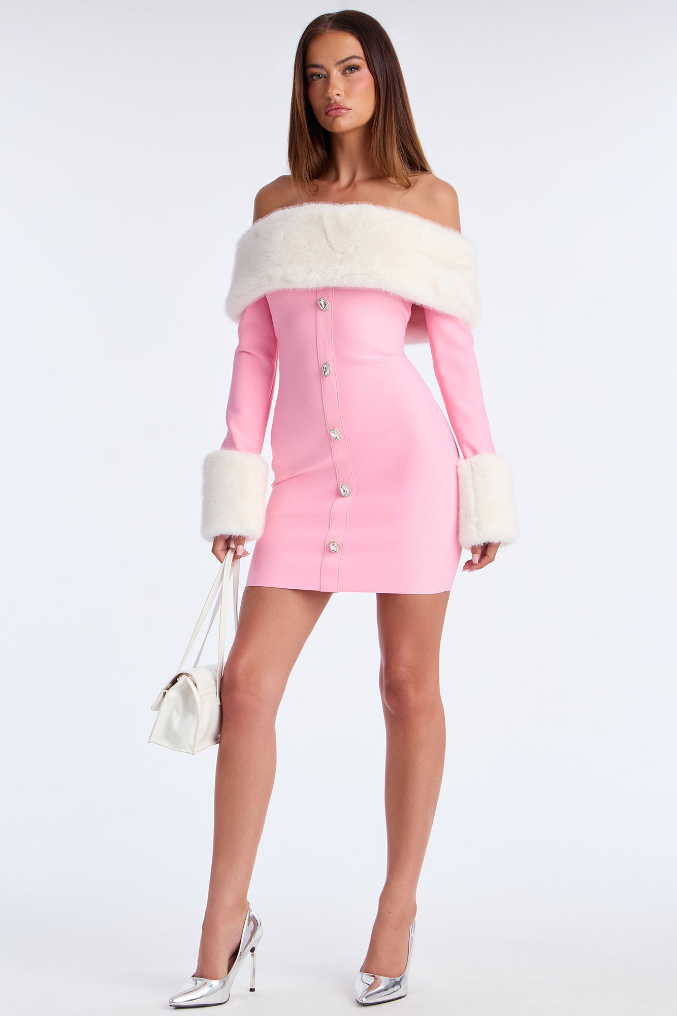 Kyla Fur Bandage Mini Dress - Pink/combo