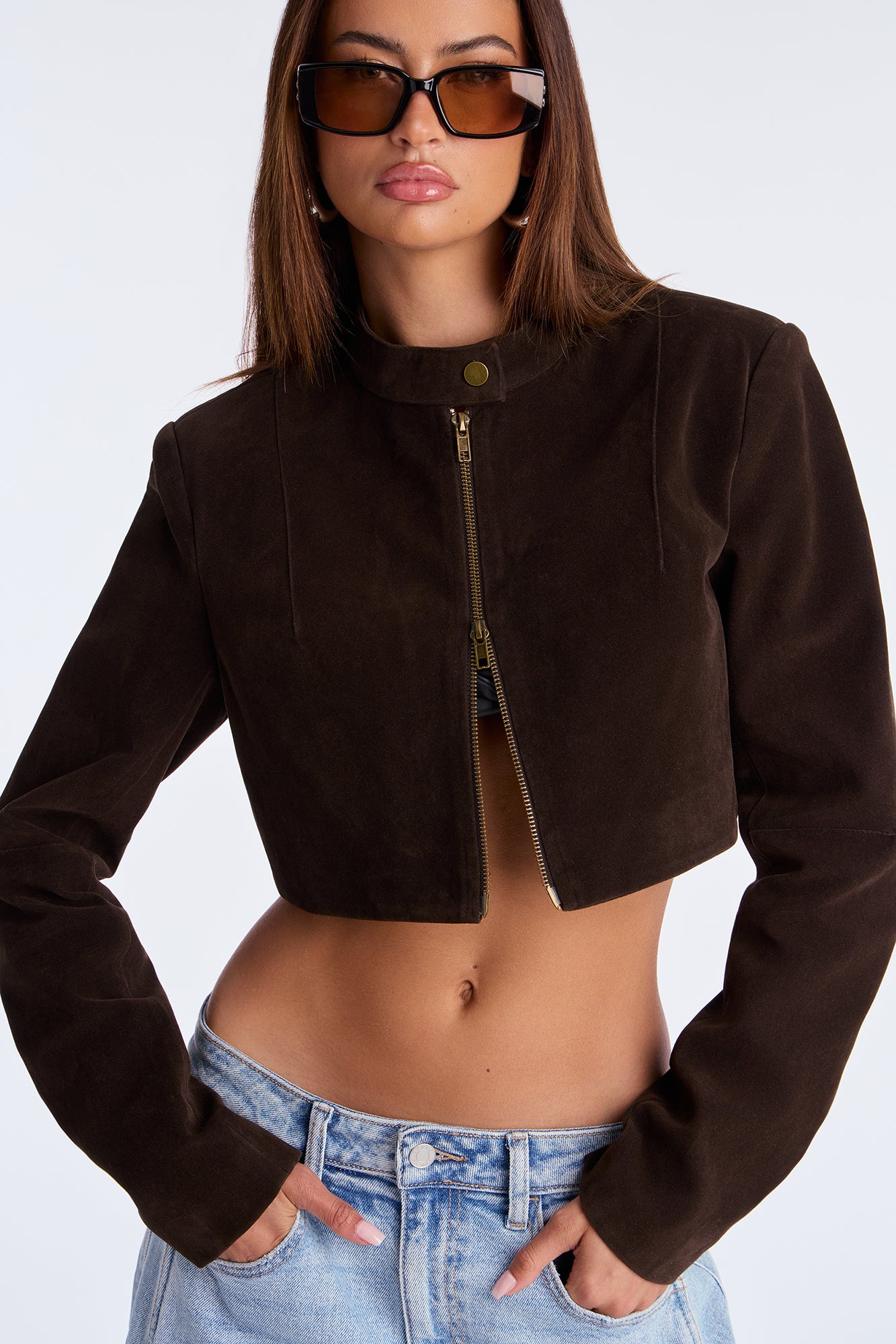 Blake Cropped Faux Suede Moto Jacket - Chocolate